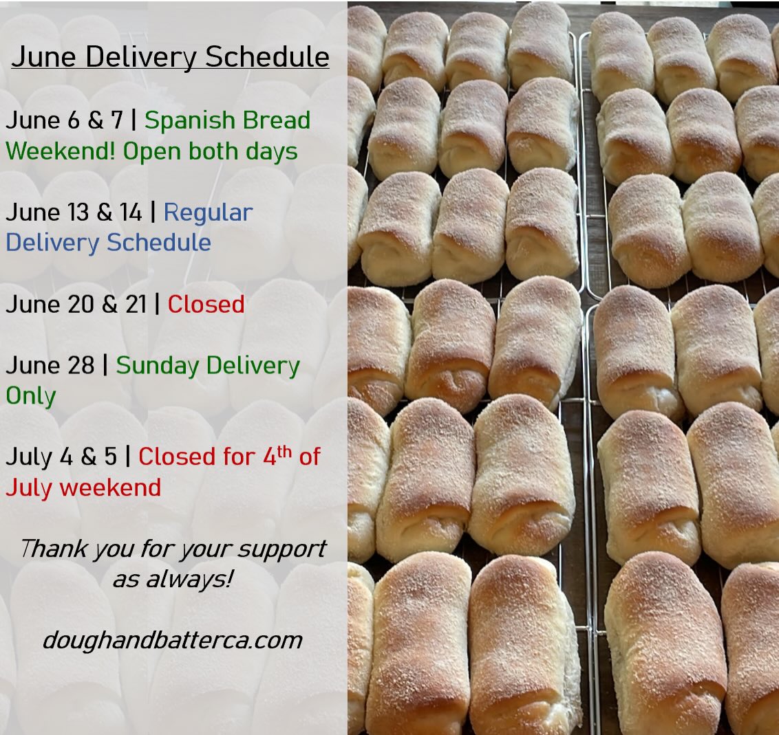 ☝🏽 June schedule update!
Good news: we’re doing Saturday & Sunday delivery this first weekend of the month. More delivery days = more chances to snag some Spanish bread 😎
We’ll be taking a short break and will be closed June 20–21 and 4th of July weekend.
Thanks for keeping us busy, keeping us baking, and supporting Dough & Batter! ❤️