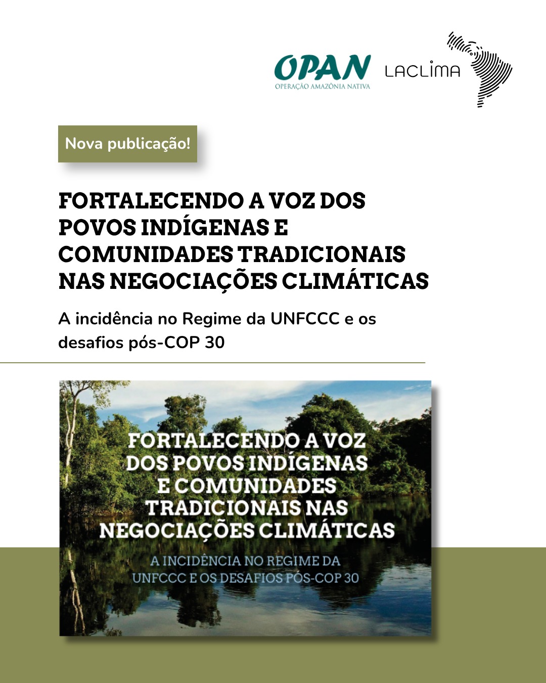 Como transformar presença em participação efetiva nas decisões climáticas?
A COP 30, realizada em Belém, marcou a maior presença de povos indígenas e comunidades tradicionais já registrada em uma Conferência do Clima. O evento fortaleceu articulações internacionais, ampliou espaços de diálogo e reforçou o reconhecimento da relação entre proteção territorial e justiça climática.
Entre os avanços alcançados estão:
✔️ Fortalecimento da incidência internacional de povos indígenas e comunidades locais;
✔️ Novos compromissos de financiamento climático;
✔️ Construção da NDC Indígena;
✔️ Fortalecimento de alianças;
✔️ Ampliação do reconhecimento dos conhecimentos tradicionais na agenda climática.
Mas a COP 30 também evidenciou o desafio de traduzir presença em participação efetiva nos processos de decisão da UNFCCC.
Em parceria com a OPAN, lançamos o relatório “Fortalecendo a Voz dos Povos Indígenas e Comunidades Tradicionais nas Negociações Climáticas”.
A publicação analisa caminhos para fortalecer essa participação, abordando o avanço de mecanismos próprios de representação, o fortalecimento da LCIPP, a articulação internacional de comunidades locais, a defesa do financiamento direto e o reconhecimento dos territórios e conhecimentos tradicionais como elementos centrais da justiça climática.
📖 O relatório oferece uma análise estratégica sobre os próximos passos para transformar visibilidade em poder de decisão na governança climática global.
Confira em laclima.org/publicacoes