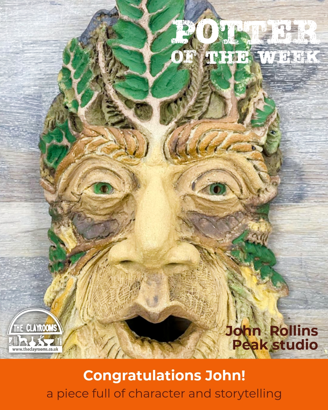 🌿 Potter of the Week – John Rollins 🌿
This week's featured maker from our Peak studio is John Rollins with his beautifully detailed Green Man sculpture.
Hand sculpted and decorated using oxides, the piece demonstrates the creative possibilities that clay offers beyond functional pottery. Through texture, form and surface decoration, John has created a piece full of character and storytelling.
One of the most rewarding aspects of studio life is seeing makers develop projects that reflect their individual interests and inspirations. Work like this is a reminder that pottery can be as much about artistic expression as it is about learning technique.
We're fortunate to be surrounded by talented makers across our studios, and John's Green Man is a wonderful example of creativity brought to life through clay.
#CreativeCommunity #CeramicSculpture #CreativeLearning #PotteryStudio #TheClayrooms