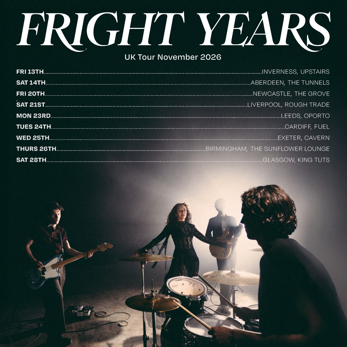Edinburgh indie rock four-piece Fright Years bring their emotionally charged live show to Upstairs this November — blending soaring vocals, cinematic soundscapes, and raw intensity that’s earned them BBC Radio 1 support, sold out shows, and festival appearances across the UK.
📍 Upstairs, Inverness
📅 Friday 13th November 2026
🕖 Doors 7PM
🔞 Over 18s only
🎟 General sale goes live 22 May at 10AM
🎫 Tickets: Link in bio x
#FrightYears #UpstairsInverness #InvernessGigs #ScottishMusic #IndieRock #LiveMusicScotland #BBCIntroducing #TRNSMT #PostPunk #AlternativeMusic #GigAnnouncement