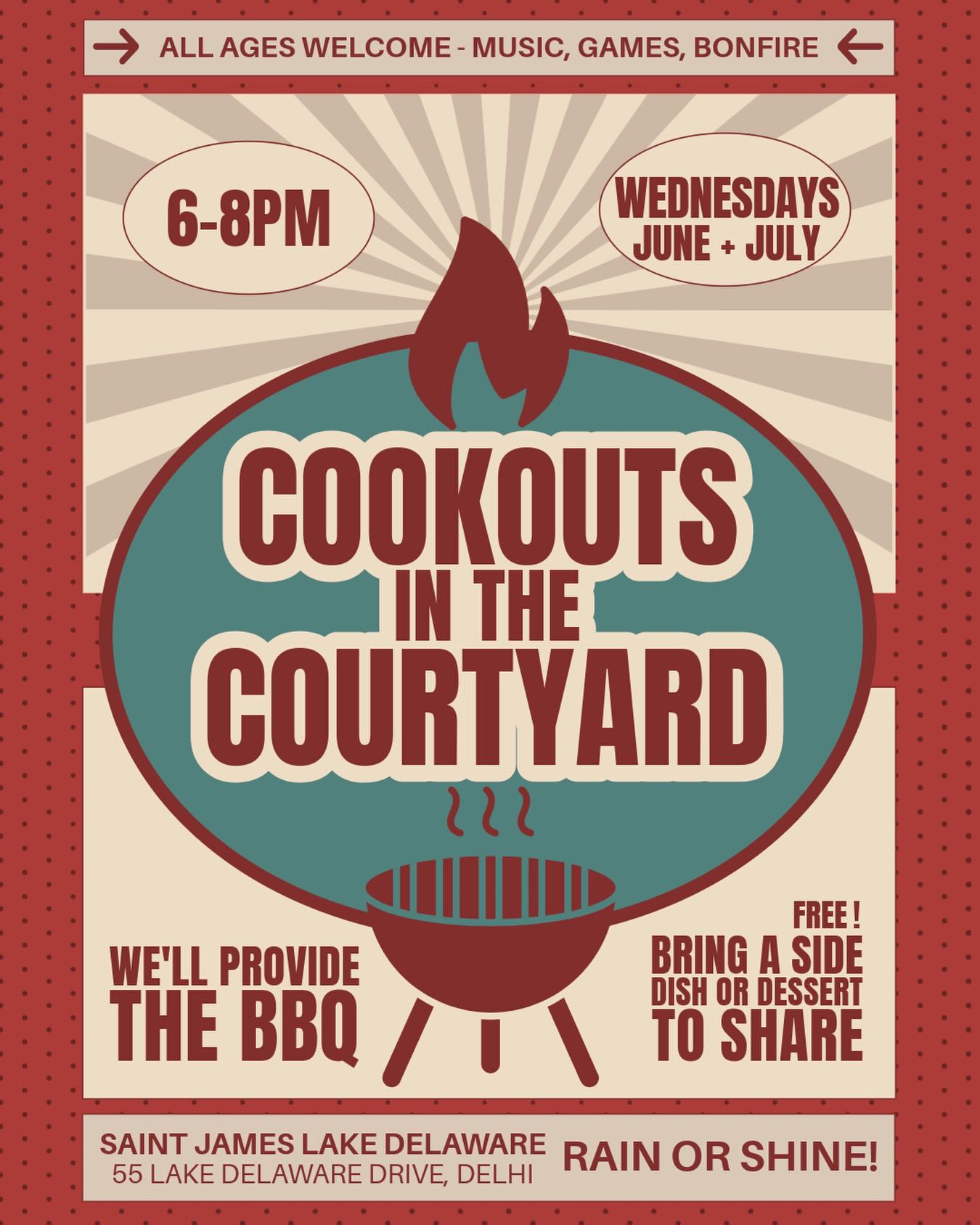 WEDNESDAYS in June AND JULY = BBQ, music & good company! Join us for Cookouts in the Courtyard each Wednesday, 6–8 PM, rain or shine. Bring a side dish or dessert to share! Bonfire, games, & fun for all ages. #CookoutsInTheCourtyard #BBQNights #SummerEvents #BovinaNY #ruralchurch