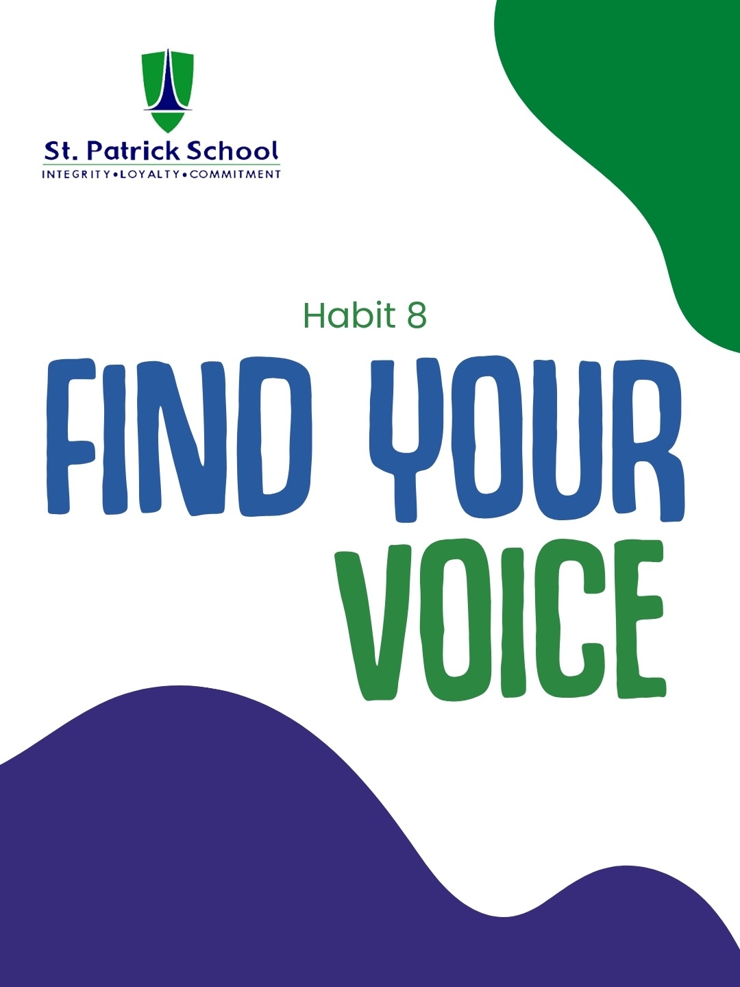 This month, we are focusing on Habit 8: Find Your Voice. This habit encourages students to discover their unique strengths, talents, and passions, and to use them in ways that contribute positively to the world around them.
True leadership begins when individuals recognize that their voice matters. It is about having the confidence to express ideas, take initiative, and use personal gifts to make a meaningful difference. Whether in the classroom, through service, or in everyday interactions, Habit 8 teaches our students to:
• Recognize and develop their unique strengths and talents.
• Take ownership of their learning and personal growth.
• Use their voice to contribute positively to their community.
• Inspire and support others through their actions and example.
Aligned with our Autonomy and Positive Impact student profiles, our learners are encouraged to become self directed individuals who understand that their actions, decisions, and contributions have the power to influence those around them.
Through purpose, contribution, and self leadership, we continue shaping students who are confident in who they are, committed to making a difference, and ready to use their voice to create a positive impact wherever they go 💚✨