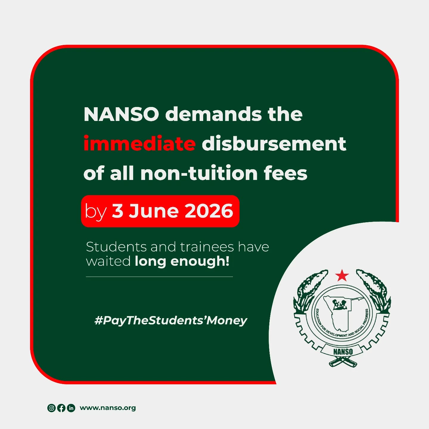 NSFAF promised that non-tuition fees would be disbursed in April. We are now in June, and students are still waiting.
NANSO demands the immediate disbursement of all non-tuition fees by 3 June 2026. Students have waited long enough!✊🏾💚
