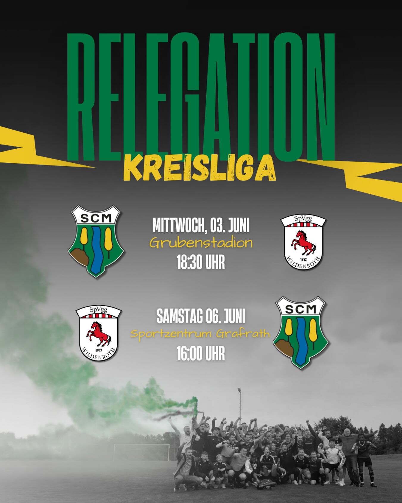 RELEGATION zur KREISLIGA
Das sind die Termine: Am Mittwoch, den 03. Juni, empfangen wir @spvgg_wildenroth im Grubenstadion. Anpfiff ist bereits um 18:30 Uhr! ❤️🔥
Am Samstag, den 06. Juni, geht es für unsere Erste Auswärts zum Rückspiel der Relegation nach Wildenroth! Anpfiff ist um 16:00 Uhr!
Bringt Freunde und Familie mit. Wir freuen uns auf eure Unterstützung! Wir können jeden Einzelnen von euch gebrauchen! 💚
#gemeinsamzumklassenerhalt #wirsindmaisach