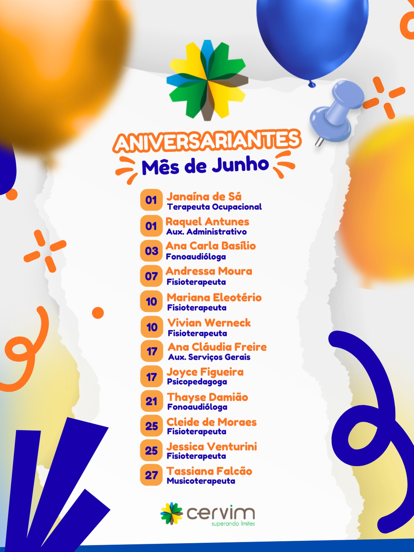 Junho chegou trazendo muitos motivos para celebrar! 🎉💜
Hoje homenageamos aqueles que iluminam nossos dias com dedicação, carinho e profissionalismo. Que este novo ciclo seja repleto de saúde, conquistas e momentos inesquecíveis! 💗
Feliz aniversário aos aniversariantes do mês de junho! 🎂✨
#AniversariantesDoMês #EquipeCERVIM #CelebrarAVida #cervim20anos #terapeutas