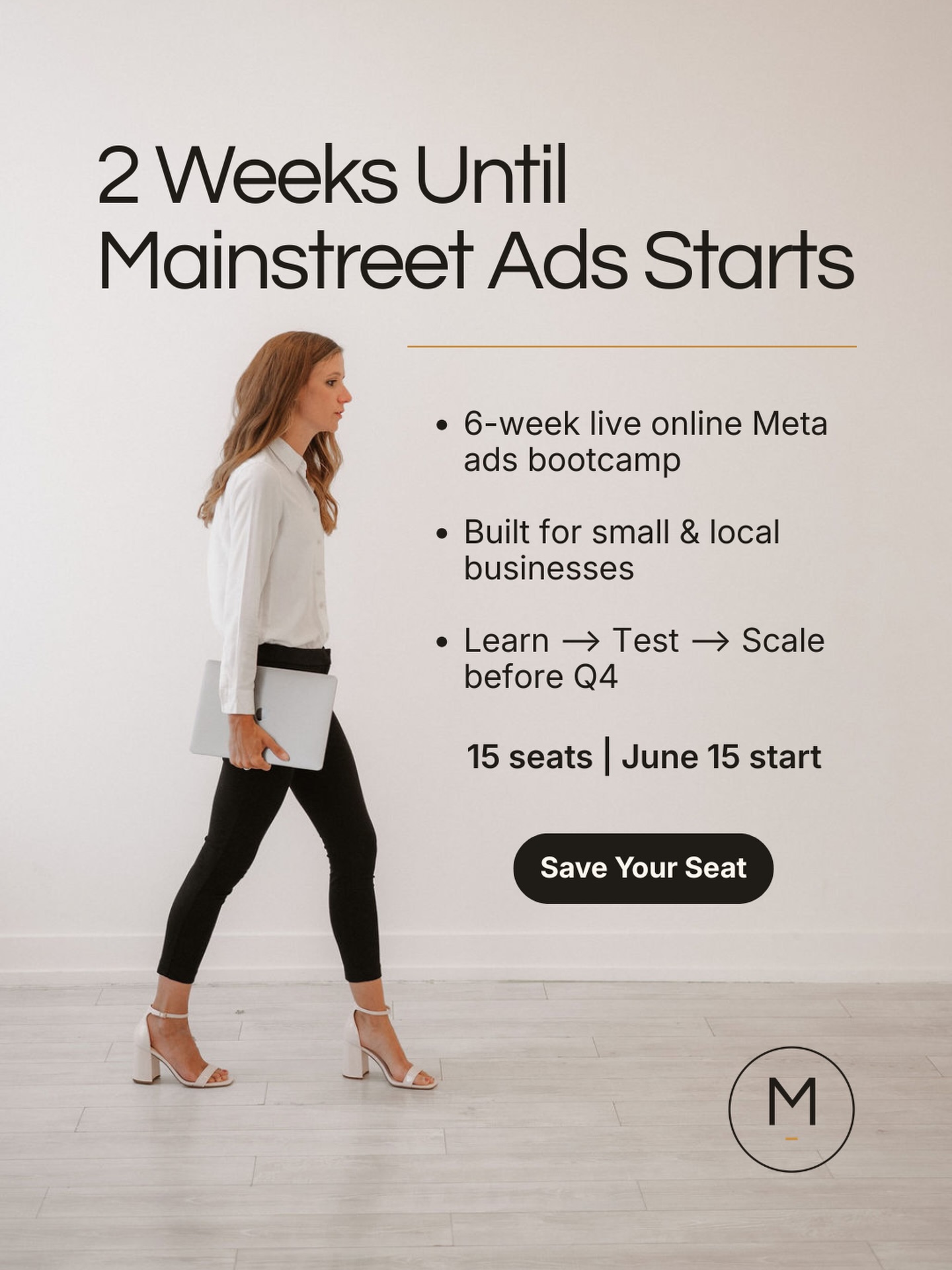 2 weeks until Mainstreet Ads starts!!
A 6-week live online Meta ads bootcamp built for small and local businesses who want to stop guessing and start running ads with a clear system 👊🏼
Learn in June. Test in August. Scale in Q4.
15 seats total. Save your seat 🌱