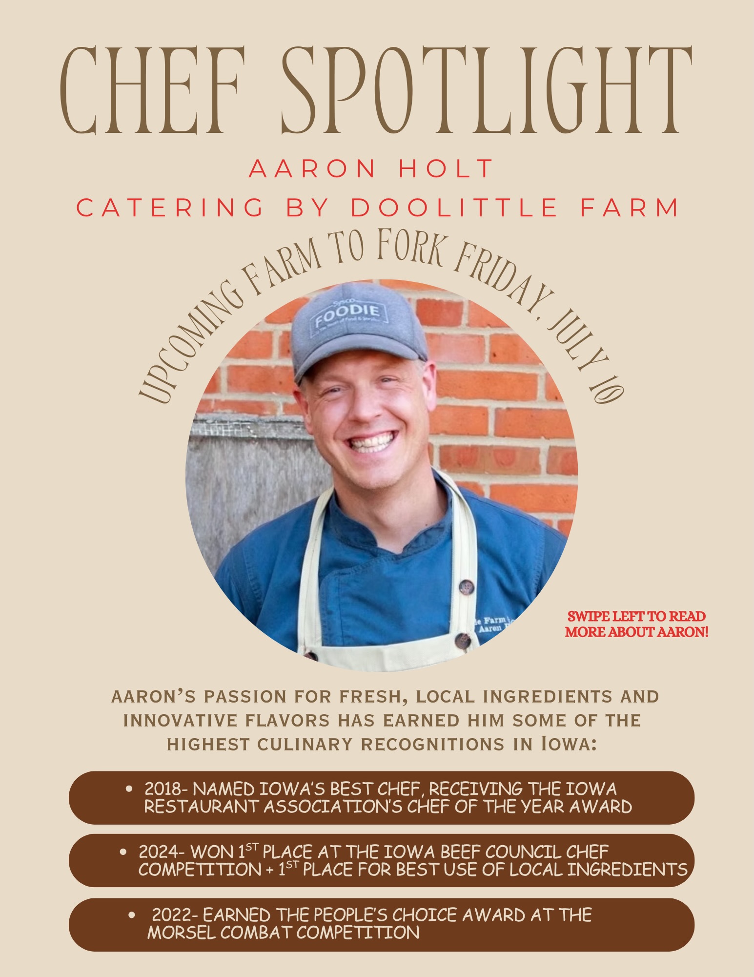 ✨ CHEF SPOTLIGHT ✨
Meet the culinary talent behind our July 10 Farm to Fork Dinner-Chef Aaron Holt of Catering by Doolittle Farm! @cateringbydoolittlefarm
🏆lowa Chef of the Year
🥩2024 lowa Beef Council Competition Champion
🌱2022 People’s Choice Award at the Morsel Combat Competition
Aaron’s dedication to fresh, locally sourced ingredients and sustainable farming shines through in every dish he creates.
Swipe through to learn more about Aaron and why we’re so excited for him to lead this unforgettable dining experience!
Grab your tickets before they’re gone. https:// ticketscandy.com/e/sunsets-at-the-rose-presents-a-farm-to-fork-dining-experience-18239
#FarmToForkDinner #ChefAaronHolt
#CateringByDoolittleFarm #lowaFood
#LocalFoodMovement