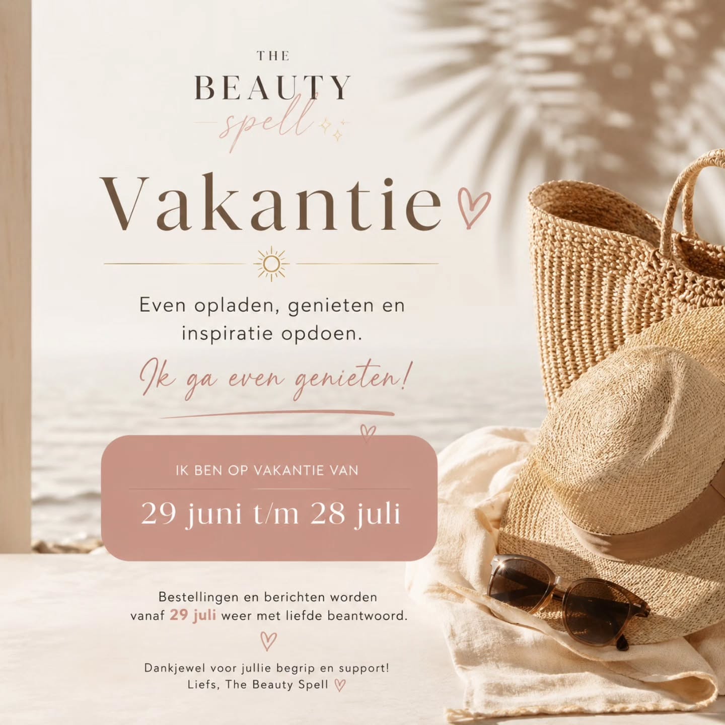 Lieve klanten,
Van 29 juni t/m 28 juli ben ik met vakantie om even op te laden en nieuwe inspiratie op te doen. 🌴✨
Goed nieuws: mijn lieve collega's staan gewoon voor jullie klaar! Hun agenda's blijven geopend voor afspraken, dus jullie kunnen tijdens mijn afwezigheid gewoon terecht voor behandelingen.
@glitternstoness
@killernailss
Afspraken kunnen zoals altijd eenvoudig online worden ingepland.
Vanaf 29 juli beantwoord ik berichten weer met liefde en sta ik zelf ook weer voor jullie klaar. 💕
Bedankt voor jullie begrip en vertrouwen.
P.S. voor de klanten die niet kunnen wachten, ik neem 11 juli nog wel klanten thuis aan. Bij interesse stuur een WhatsApp🥰
Liefs,
Aya | The Beauty Spell 🤍