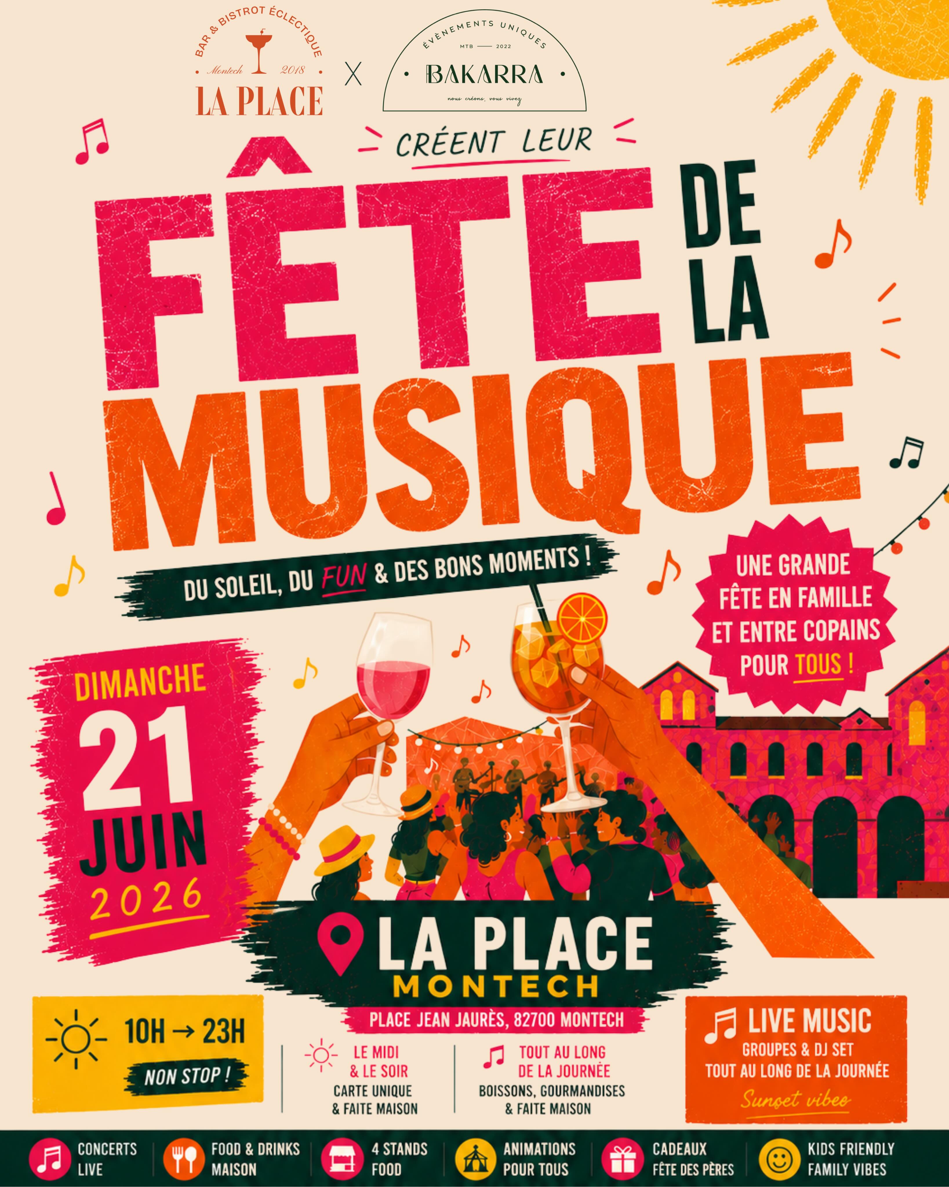 🎶 FÊTE DE LA MUSIQUE À MONTECH 🎶
Cette année, @laplacemontech et @bakarraevenements créent leur Fête de la Musique !☀️
Une journée entière pour profiter du début de l’été, partager un verre, écouter de la musique, se retrouver en famille ou entre amis et simplement passer un bon moment ensemble.
Au programme :
🎸 Concerts live @jun_and_ruddy @emmanuelarnaud09
🎧 DJ set tout au long de la journée @bizbee_music
🍴 Une offre gourmande sous forme de marché gourmand imaginée par @laplacemontech
🍹 Spritz, rosé, cocktails et boissons fraîches
📸 Photobooth souvenir by @bakarraevenements
🎁 Une attention spéciale pour la Fête des Pères
☀️ Une ambiance festive du midi jusqu’au soir
📍 Place Jean Jaurès - Montech
📅 Dimanche 21 juin 2026
⏰ De 10h à 22h
Des verres qui trinquent.
De la musique qui résonne.
Des assiettes qui se partagent.
Des enfants qui s’amusent.
Des souvenirs qui se créent.
Le temps d’une journée, la Place Jean Jaurès devient le point de rendez-vous de tous ceux qui ont envie profiter, de partager et de célébrer l’arrivée de l’été dans une ambiance conviviale et festive🧡
Une grande fête en famille et entre copains pour tous !
#fetedelamusique #montech #concertlive #djset #foodlovers