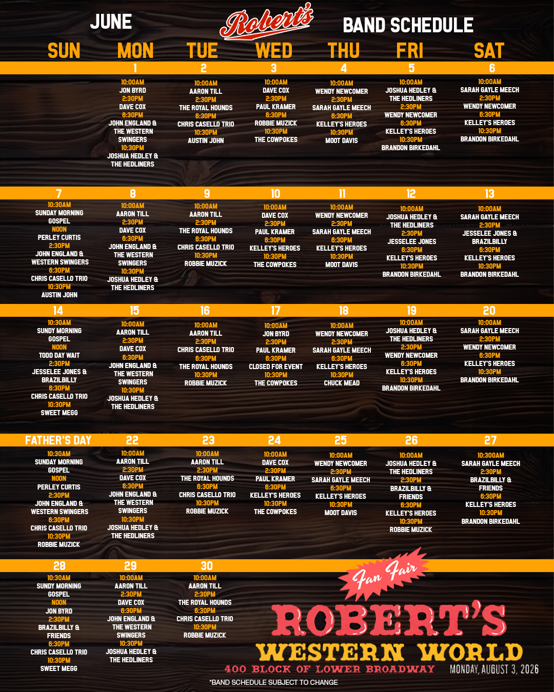 Things are heating up and our June schedule is out. Make your plans and come see us.
#sundaymorninggospel #austiinjohn #chriscasellotrio #sweetmegg #aarontill #davecoxmusic #johnengland #westernswingers #joshuahedley #thehedliners #theroyalhounds #paulkramer #kelleysheroes #robbiemuzick #thecowpokes #wendynewcomer #sarahgaylemeech #mootdavis #jesseleejones #brazilbilly #brandonbirkedahl #perleycurtis #chuckmead