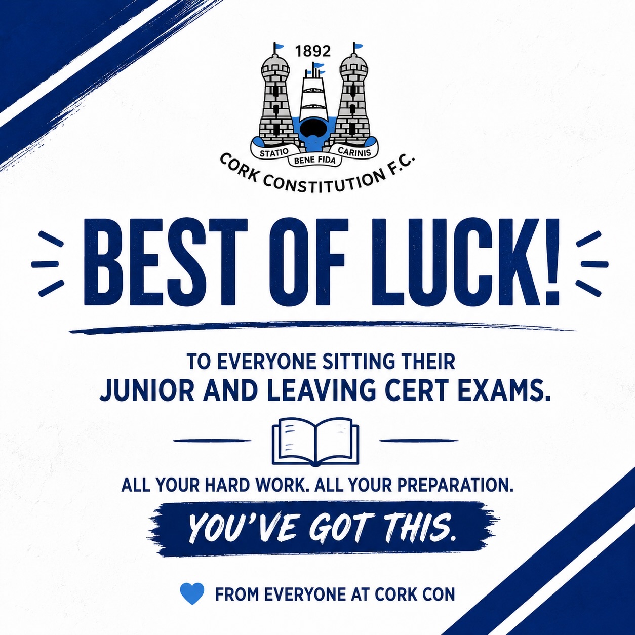 📚🏉 Best of luck to all our players, members, supporters and their families who begin the Junior Certificate and Leaving Certificate exams tomorrow.
Everyone at Cork Constitution F.C. is behind you. 💙🤍🖤
#CorkCon #JuniorCert #LeavingCert #BestOfLuck #OneClub TeamForLife