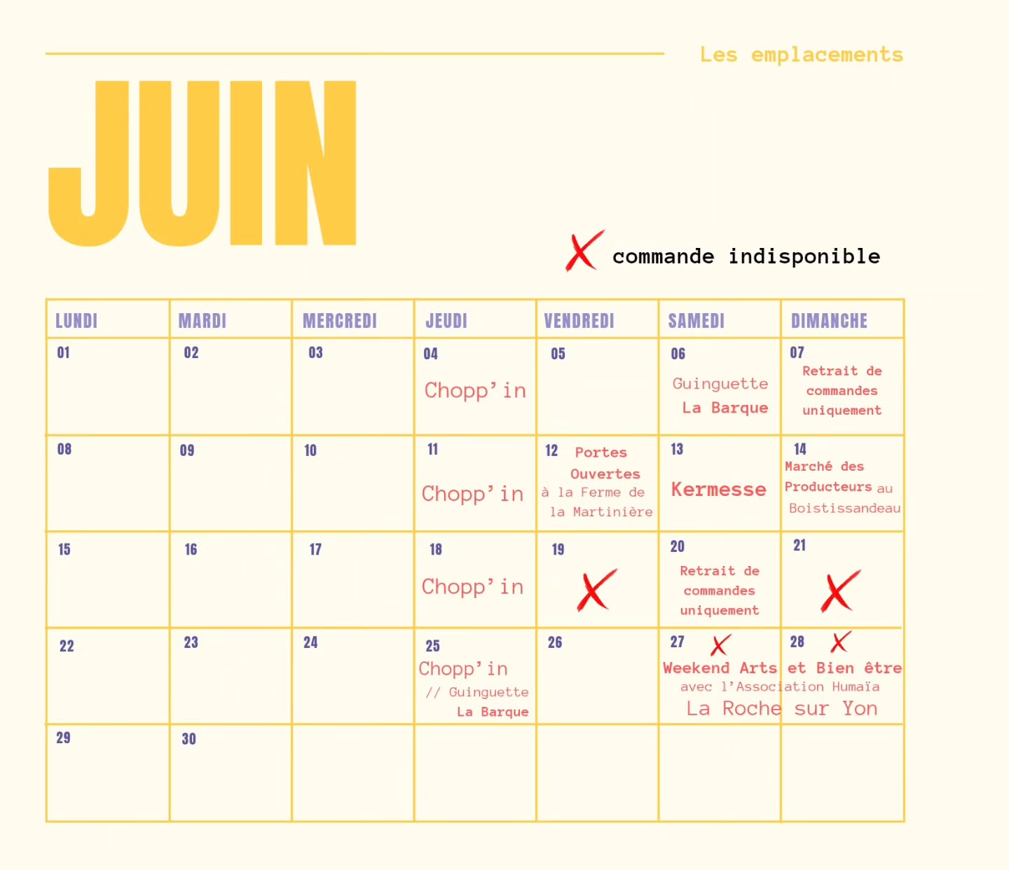 📆 Le planning de Juin est là !!!
⚠️ Pas de Marché aux Herbiers de programmé pour ce mois-ci, mais les commandes sont bel et bien à nouveaux disponibles (retrait directement à l'atelier) 😉