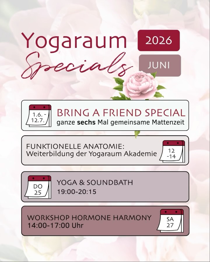 ☀️ JUNI HIGHLIGHTS IM YOGARAUM ☀️
Der Sommer steht vor der Tür und der Juni bringt jede Menge frische Energie, tiefes Wissen und pure Entspannung in den Yogaraum!
🌿✨ Markier dir diese Termine im Kalender und sicher dir deinen Platz:
👥 Ab 01.06. bis 12.07. | BRING A FRIEND AKTION
Sharing is caring! Bring deine Liebsten mit auf die Matte. Alle Neukund*innen dürfen in diesem Zeitraum ganze 6-mal komplett kostenlos unser gesamtes Yoga- & Pilates-Angebot testen! 🥳
Anmeldung einfach über unsere Homepage.
🧬 12.06. – 14.06. | WEITERBILDUNG: Funktionelle Anatomie
Du unterrichtest bereits und möchtest deine Adjusts aufs nächste Level bringen? Unsere Expertin Nora Ndrekia zeigt dir, wie der Körper wirklich zusammenarbeitet. Lerne, wie du die Bedürfnisse deiner Teilnehmer*innen sofort erkennst, ihnen anatomisch sinnvoll hilfst und sie Yoga noch intensiver erleben lässt. 📚🧘♀️
🎶 Do. 25.06. | 19:00 – 20:15 Uhr | YOGA & SOUNDBATH
Lass den Alltag hinter dir. Wir laden dich ein zu einer fließenden Yoga-Einheit, die direkt in ein tief entspannendes Soundbath übergeht. Lass dich von den Klängen tragen und lade deine Batterien auf. 🌌✨
🌸 Sa. 27.06. | 14:00 – 17:00 Uhr | WORKSHOP: Hormone Harmony
Hormone in Balance, Körper in Balance! Expertin Sabine Maier erklärt dir die faszinierenden Zusammenhänge von körperlichem Wohlbefinden und energetischer Balance. Freu dich auf den Einsatz von Pflanzenessenzen als natürliche Unterstützung und nimm praxisnahe Tipps zur Stressregulation mit nach Hause. 🌱⚖️
💡 Gut zu wissen: Für alle Workshops und die Weiterbildung sind die Plätze begrenzt. Melde dich und deine Freund*innen am besten direkt über den Link in unserer Bio an!
Wir freuen uns auf einen magischen Juni mit euch auf der Matte! 🙏🤍
#Yogaraum #YogaraumSpecials #JuniHighlights #BringAFriend #YogaAnatomie #HormoneHarmony #YogaAndSound #Soundbath #YogaRavensburg #Pilates #Achtsamkeit #YogaWeiterbildung