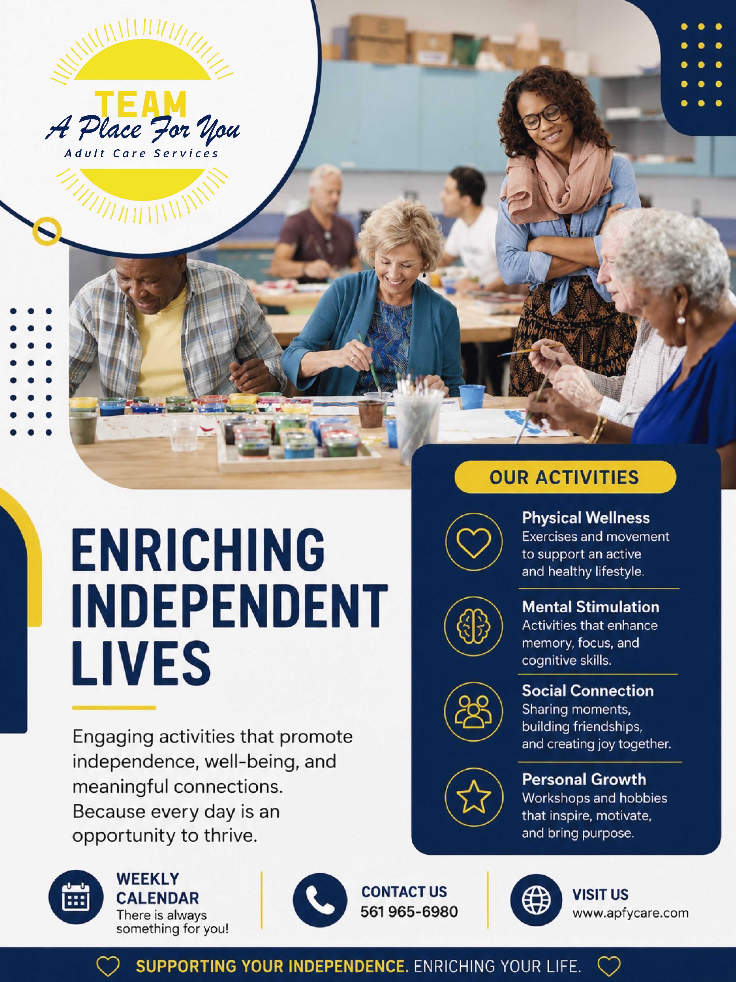 💛 At A Place For You, we promote independence, creativity, and social connection through activities designed for the well-being of our adults.
Every day is a new opportunity to share, learn, and enjoy. ✨
📞 561-965-6980
💛 En A Place For You promovemos la independencia, la creatividad y la conexión social a través de actividades diseñadas para el bienestar de nuestros adultos.
Cada día es una nueva oportunidad para compartir, aprender y disfrutar. ✨
#APlaceForYou #AdultCareServices #SeniorActivities #IndependentLiving #WellnessMatters SeniorCare 💛