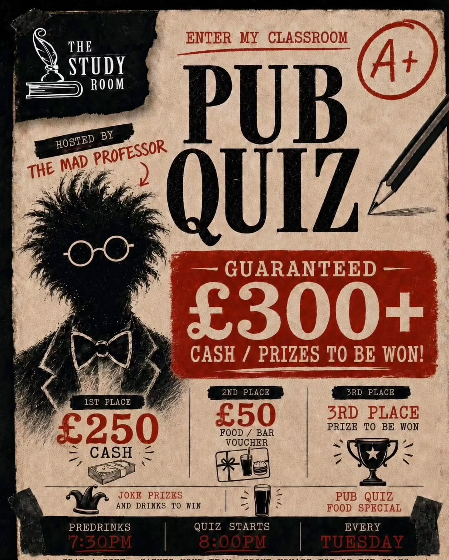 The Mad Professors - Pub Quizš§ ā”ļø
Class is officially back in session every Tuesday at 8pm!
Hosted by The Mad Professor ā With a GUARANTEED Ā£300+ in prizes to be won.
š„ 1st Prize: Ā£250 cash
š„ 2nd Prize: Ā£50 food/bar voucher
š„ 3rd Place: Random prizes
š»Happy hour - 9:30pm - 10:30pm
š Pub quiz food sharing specials
š® TACO Tue - 3 Tacos and a margarita for Ā£15
š Sharing nachos/ loaded fries from Ā£7
Round up your smartest, your loudest mates ā this is your chance to prove youāre top of the class.
š» Pre-drinks from 7:30pm
š§ Quiz starts at 8pm
š The Study Room, Lancaster
š
Every Tuesday
Book a table now ā get your team together and donāt be late for class. Link in bio
#TheStudyRoomLancaster #LancasterPubQuiz #PubQuizNight #LancasterEvents #lancasterquiz