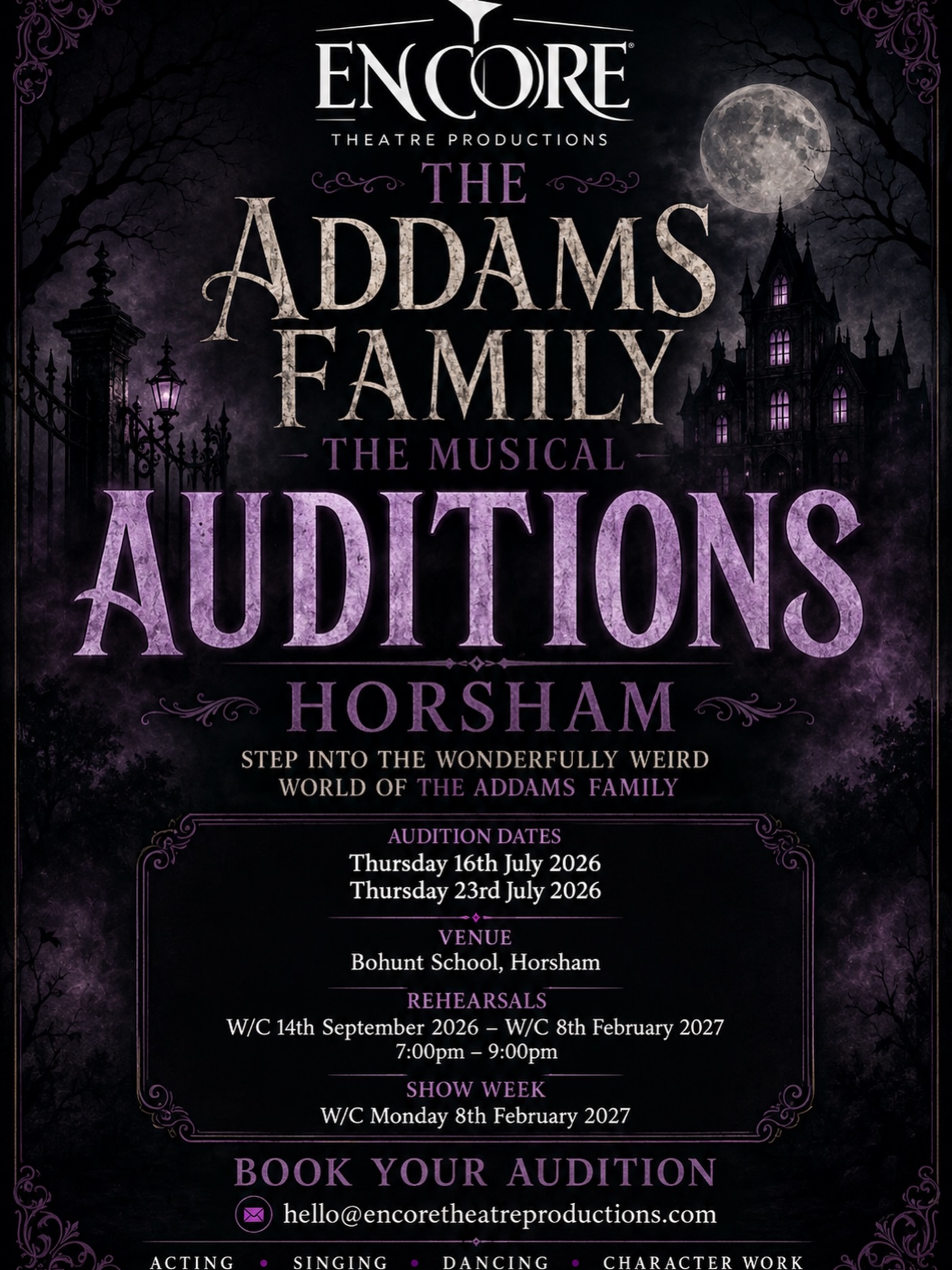 🕸️ They’re creepy and they’re kooky… and auditions are open!
Encore Theatre Productions is thrilled to announce auditions for our next major production:
🖤 THE ADDAMS FAMILY 🖤
We are looking for performers who love dancing, acting, singing, comedy, character work and musical theatre.
Auditions will take place in:
📍 Horsham
📍 Godalming
2 CASTS IN IN TWO AREAS
This is a brilliant opportunity to be part of a focused, exciting production company where every performer is seen, valued and given the chance to grow.
To book an audition, email:
📩 hello@encoretheatreproductions.com
Creepy. Kooky. Iconic.
Your stage awaits.
Under @theperformersplacecompany