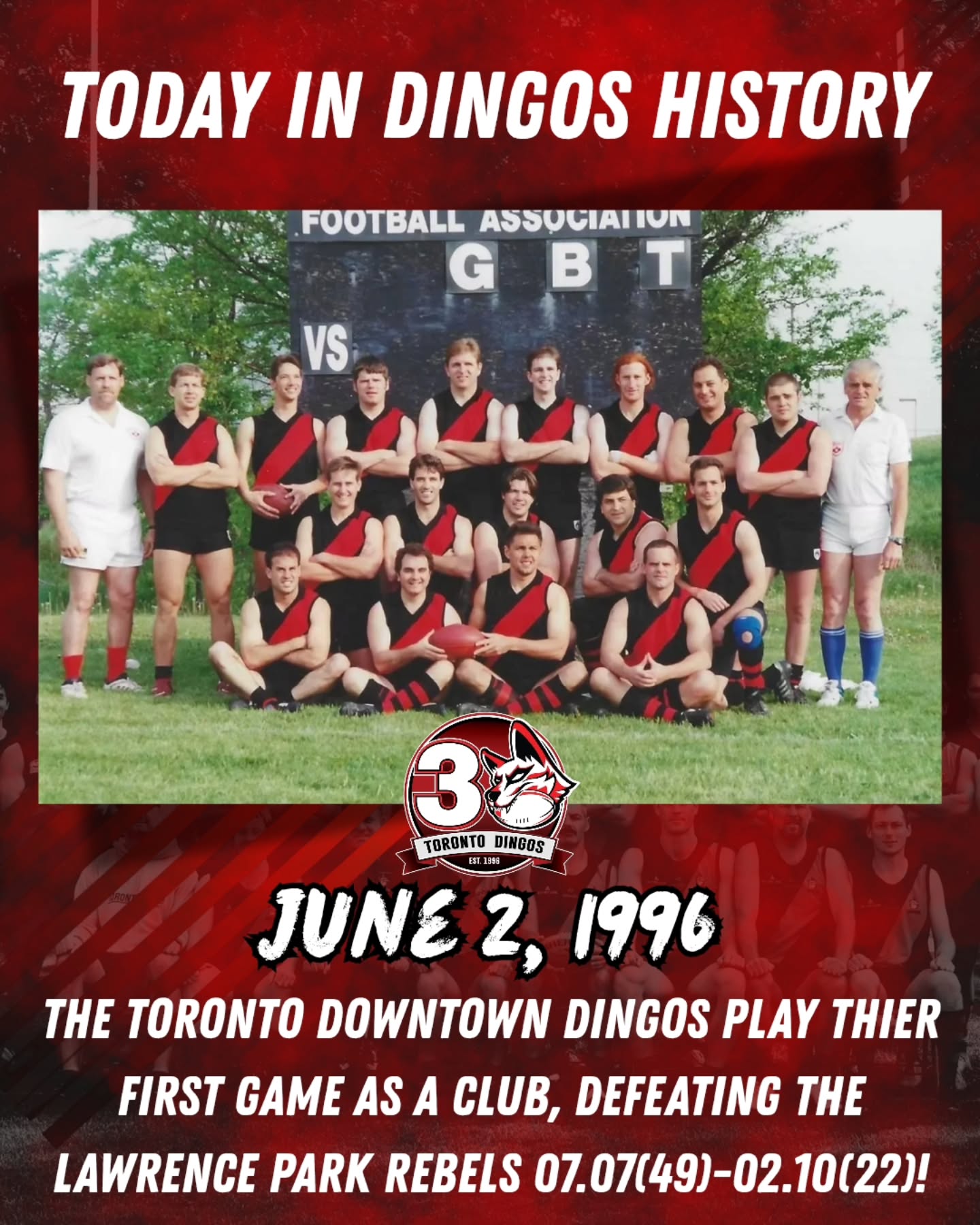 30 years ago today, the Toronto Downtown Dingos play their first game as a club! The Downtown Dingos defeated the Lawrence Park Rebels at Centennial Park to open the 1996 Canadian Australian Football Association (CAFA) season!
Constatino Riccio (2), Matthew Sund (2), Dan Dipiazzi, Warren Moore, and John Amirault were the goal scorers on the day! A brilliant start to the Pack's first season!
#AsAPack