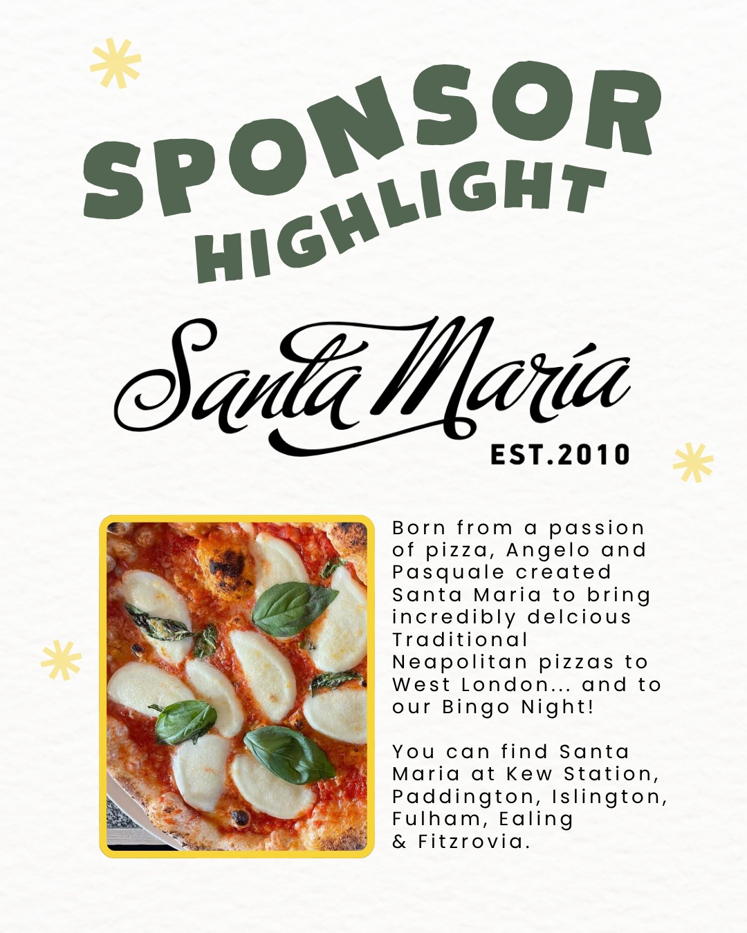 We’re so pleased to announce our Bingo Night will be catered by the brilliant @santamariapizza Kew!
Each ticket includes a welcome drink and choice of Classic Neapolitan & Margherita pizza 🍕🍕
Don't miss out. Book your tickets now via the link in our bio