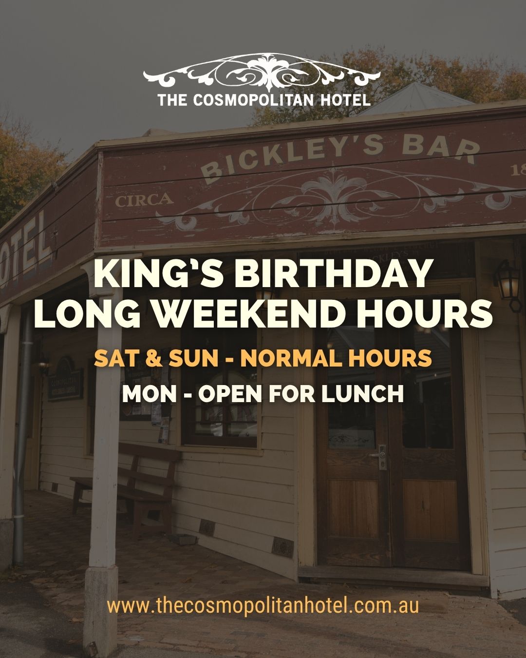 Join us over the long weekend for hospitality fit for a king. The fires will be roaring, drinks flowing and we’ll be extending our hours to lunch on Monday. Bookings across the long weekend are welcomed via our website.