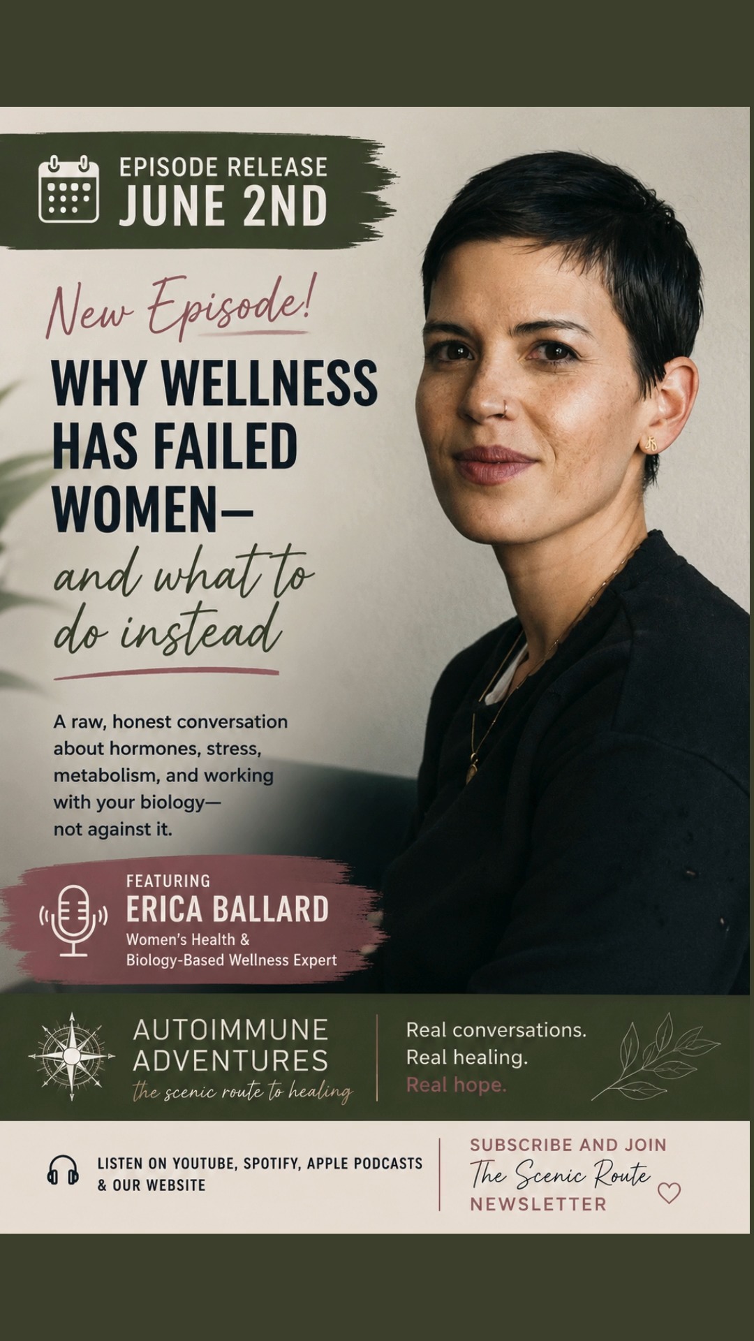 WHY WELLNESS HAS FAILED WOMEN — AND WHAT TO DO INSTEAD
🎙️ NEW EPISODE RELEASED
What if the problem isn't that you're failing your health goals?
What if the advice was never designed for your biology in the first place?
In this powerful conversation, Erica Ballard joins us to discuss why so many women are exhausted, inflamed, overwhelmed, and frustrated despite doing everything "right." We explore stress, hormones, nervous system regulation, recovery, perfectionism, and what it really means to work with your body instead of constantly fighting against it.
If you've ever felt like your body isn't listening, this episode is for you.
🎧 Watch now:
https://youtu.be/9o2f8j2w6LM
Listen now on YouTube, Spotify, Apple Podcasts, or through our website.
🌿 Subscribe to The Scenic Route newsletter for weekly encouragement, practical tools, and support for life with chronic illness and autoimmunity.
Remember, you are worthy of joy. Disease does not define your life, you do.
#AutoimmuneAdventures #EricaBallard #WomensHealth #AutoimmuneDisease #ChronicIllness #HormoneHealth #Perimenopause #NervousSystemHealing #StressManagement #BurnoutRecovery #MindBodyConnection #Inflammation #HealingJourney #WomenSupportingWomen #FunctionalHealth #WellnessPodcast #AutoimmuneWarrior #ChronicIllnessSupport #HealthPodcast #TheScenicRoute