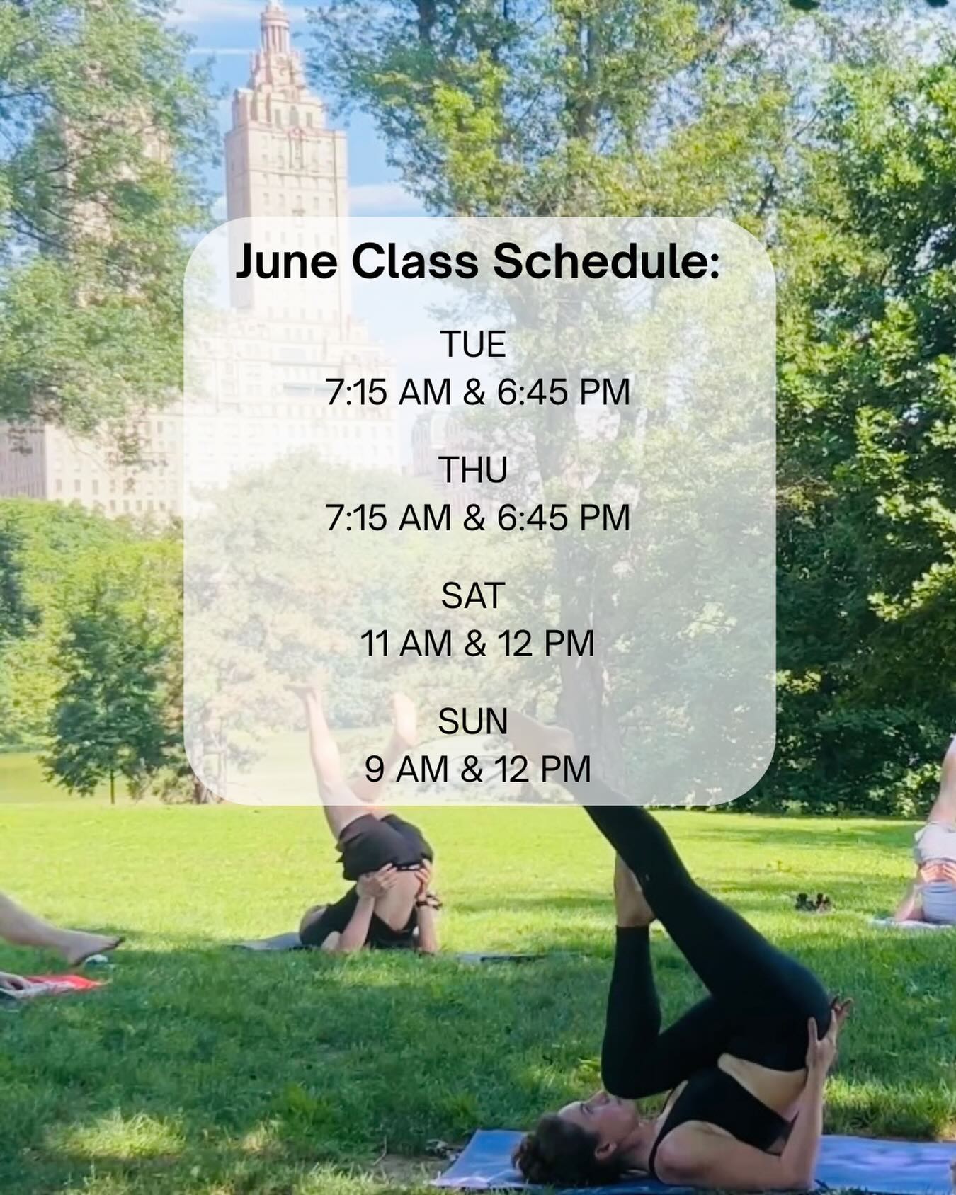 June schedule! We will likely add classes, so check our website for up-to-date class times. See you on your mat soon ☀️✨🧘♂️
Tue & Thu
7:15 AM & 6:45 PM
Sat
11 AM & 12 PM
Sun
9 AM & 12 PM
#centralparkpilates #pilatesinthepark #pilatesstudio #pilatesnyc #centralparkfitness