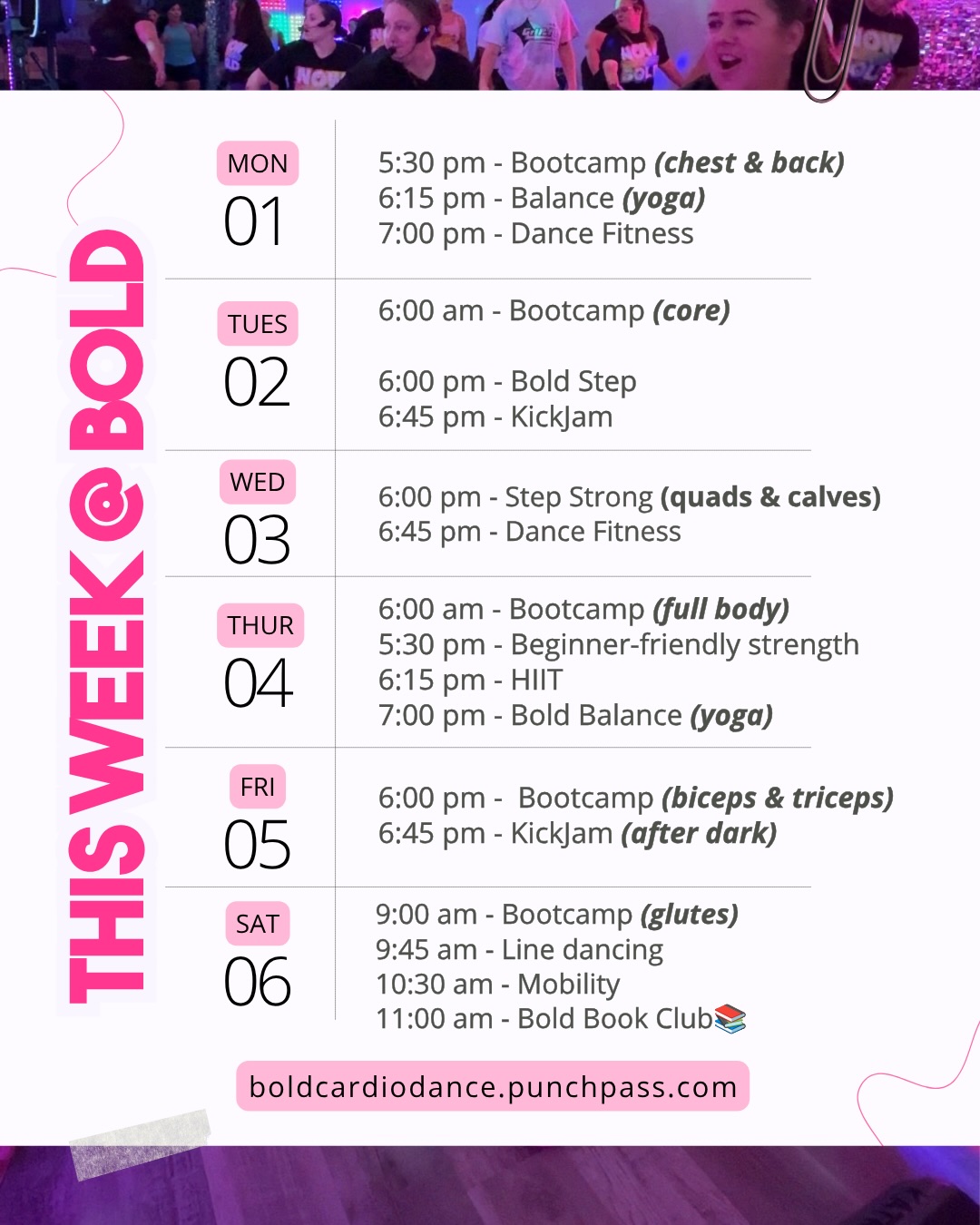 Happy Monday - are you ready for another BOLD week? Book your classes and let’s do this thang!
Swipe to the right to view next week’s schedule too 👉 The team and I are going to be preeeetty swamped for the next 11 days, so we wanted to get a head start on the schedule and give you a heads up on what we’re working on!
Why’s that you ask? 🤔 Weeeeeell….We are OFFICIALLY counting down to Bold FitFest 2026!!! ✨ EEEEK!
FitFest ladies - hydrate, rest, and SHOW UP for yourself this week to prep for an AMAZING weekend!!
See you on the dance floor 😜
#dancefitness #workoutsforwomen #thisweekatbold #hiramga #pauldingcounty