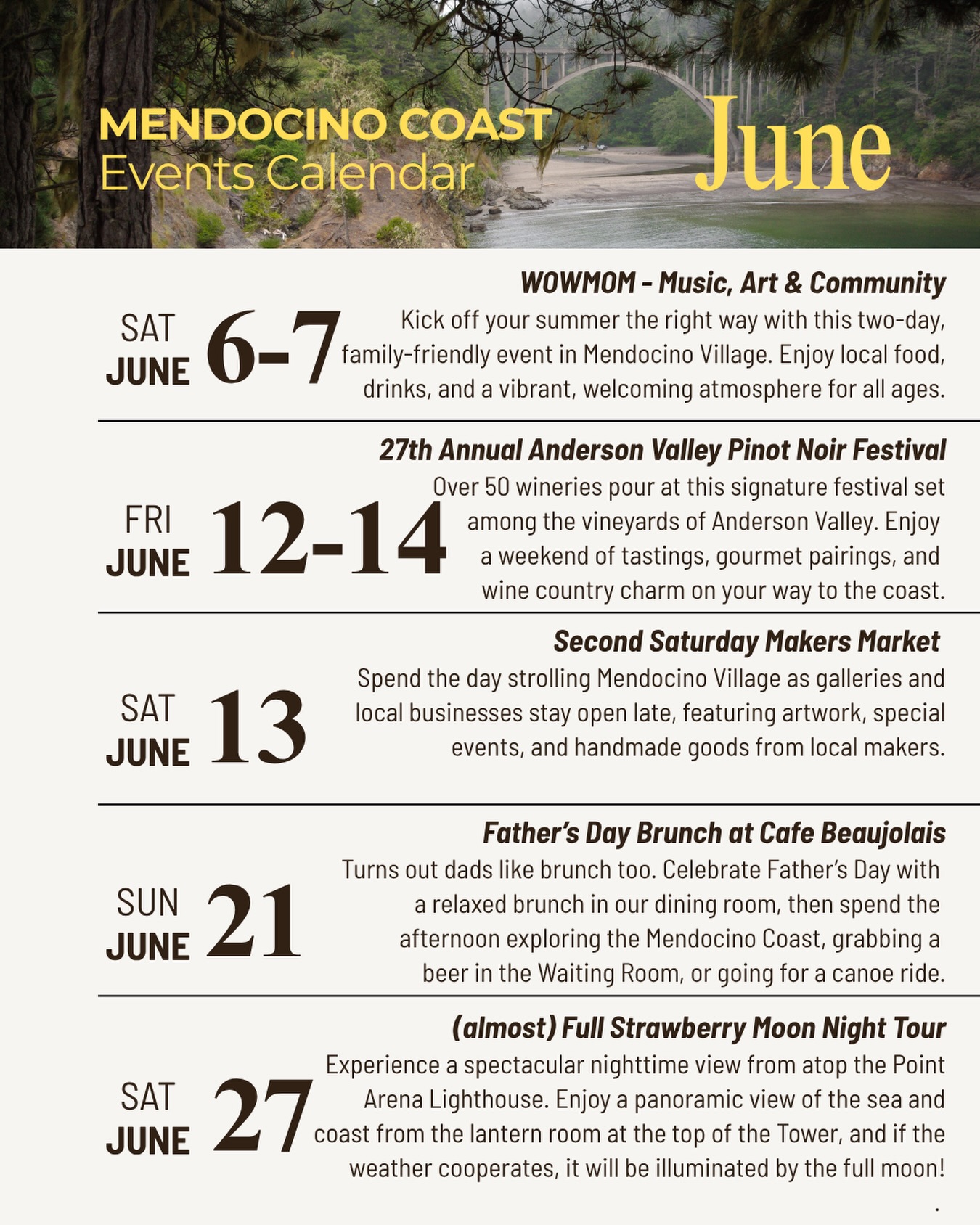 June on the Mendocino Coast ☀️
Summer is beginning to settle in along the coast. From wine festivals and makers markets to live music and community gatherings, there’s plenty happening this month.
Here’s a look at what’s going on around Mendocino in June ~ whether you’re planning a weekend getaway or a local adventure.
#SummerPlans #June #Calendar #Mendocino #CaliforniaCoast