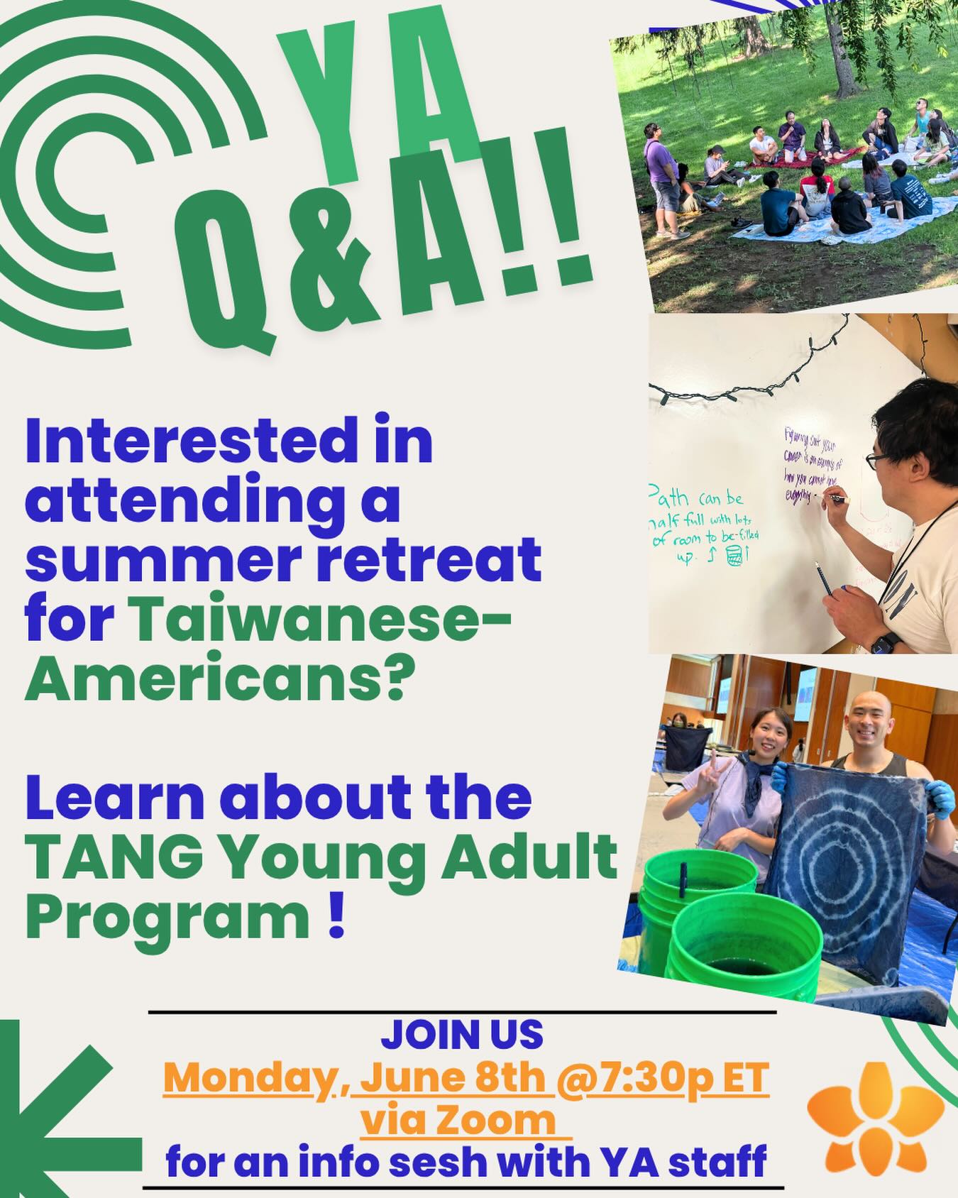 TAKE A BREAK this 4th of July weekend!! Make new friends and explore your Taiwanese identity & culture in community. ❤️
The TANG Young Adult program is designed for college students and young professionals ages 20s-30s. Expect 5 jam packed days of community building activities, guest speakers, cultural workshops + more!
Learn more about what makes the YA program so special in our Q&A next week (LINK IN BIO)! 🔗
Late registration for TANG is open untill June 12th (June 20th for commuters)!! Hope to see you there. 🫡