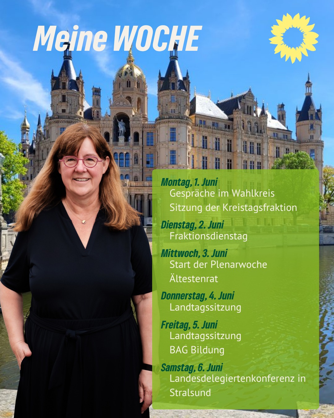 🌻 Eine neue Landtagswoche steht vor der Tür - wichtige Themen sind zu verhandeln. Denn es wird der vorletzte Block im Plenarsaal vor Ende der Legislatur sein. Ich nehme euch wieder mit in die Sitzungen, die ihr live per Stream verfolgen könnt.
💚 Aber zuvor starte ich meine Woche am heutigen Kindertag mit Gesprächen und Terminen im Wahlkreis. Am frühen Abend kommt meine Kreistagsfraktion zur Sitzung zusammen.
💯 Der Dienstag ist meiner Landtagsfraktion @gruenefraktionmv gewidmet. Wir bereiten die Sitzung, Anträge und Reden vor und stimmen uns dazu final ab, bevor es am Mittwoch im Plenarsaal losgeht.
🗣️ Am Freitag nehme ich nach Ende der Sitzung an der Bundesarbeitsgemeinschaft Bildung teil und den Samstag verbringe ich bei hoffentlich bestem Wetter in Stralsund: Dort findet die Landesdelegiertenkonferenz von @gruenemv statt. Wir diskutieren unser Wahlprogramm zur Landtagswahl - eine spannende Woche mit einem wichtigen Höhepunkt am Samstag! 🌻
#juttawegner #gruenimschloss #gruenbleibt #landtagswoche #plenarwoche #gutebildung #mobilitaetfueralle #starkewirtschaft #MVtutgut #ltwMV2026
