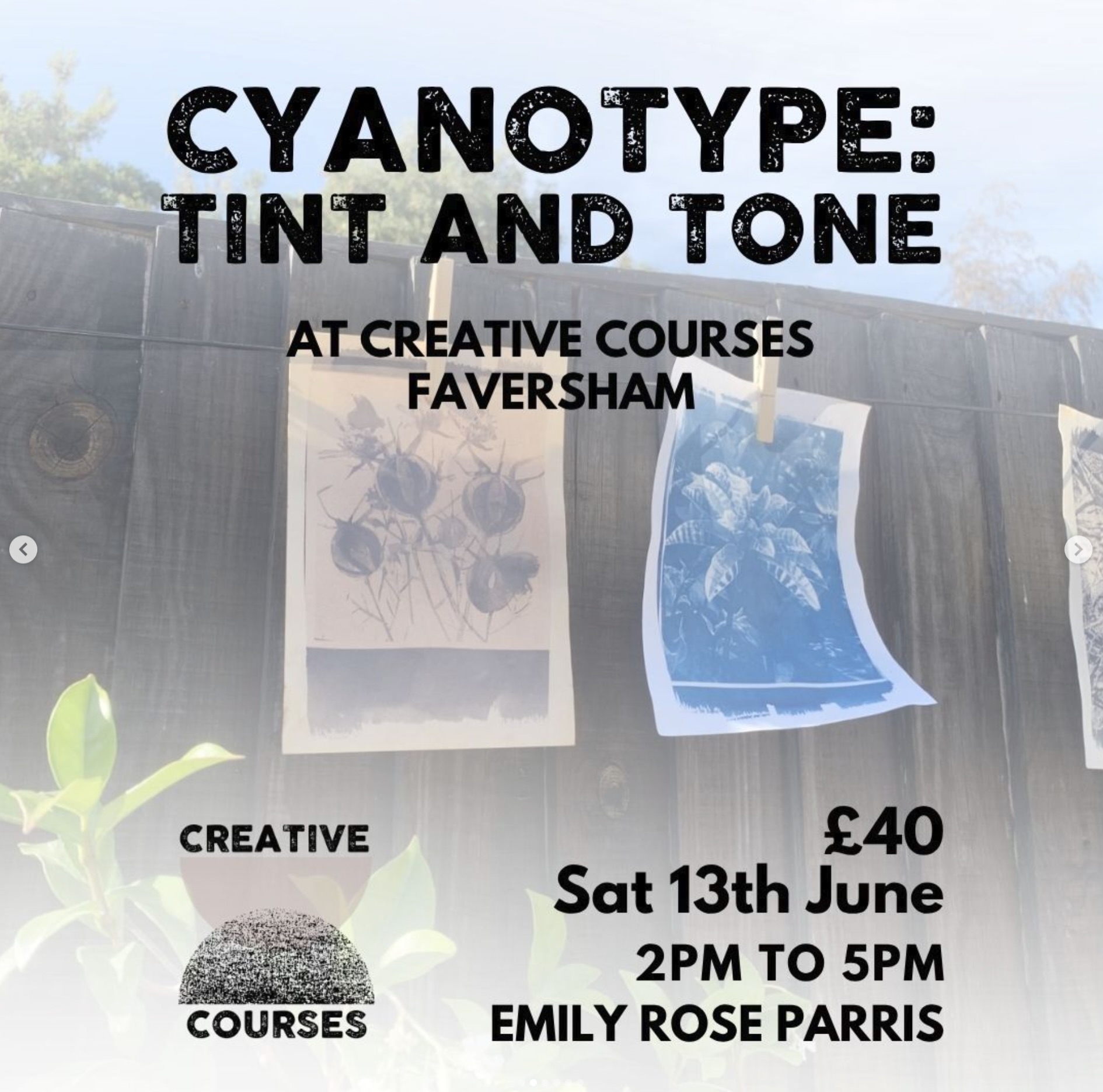 SATURDAY 13th JUNE
2pm - 5pm
At @creativecourseskent Faversham
TINT AND TONE
Traditional cyanotype printing captures silhouettes and textures in luminous white against rich blue, a process rooted in the 19th century and embraced by artists ever since.
But what if blue is just the beginning?
Tinting introduces colour to your cyanotype before or after exposure. By incorporating natural pigments (such as tea & coffee, avocado skins), watercolour washes, or toned paper, artists can shift the emotional atmosphere of a print - warming it with earthy undertones or softening it with subtle hues.
Why Tint & Tone?
Basic cyanotype printing teaches you the foundation: coating, exposing, rinsing, and revealing that magical blue image. Tinting and toning take you a step further:
• Expanded Colour Palette: Move beyond blue into warm, earthy, or dramatic monochrome tones
• Greater Emotional Range: Match colour mood to subject matter
• Creative Control: Each bath and blend produces subtle variations, making every print one of a kind
• Professional Depth: Elevate simple prints into wall art
In this workshop, you will:
• Learn or revisit the basics of cyanotype printing
• Plan and expose your designs onto UV sensitive paper
• Wash your prints to reveal their typical Prussian blue
• Using tannin rich liquids such as tea and coffee, tone your prints, exploring a variety of different effects
What you’ll take away:
• A set of your own unique cyanotype prints
• The knowledge and skills to continue making cyanotype prints at home