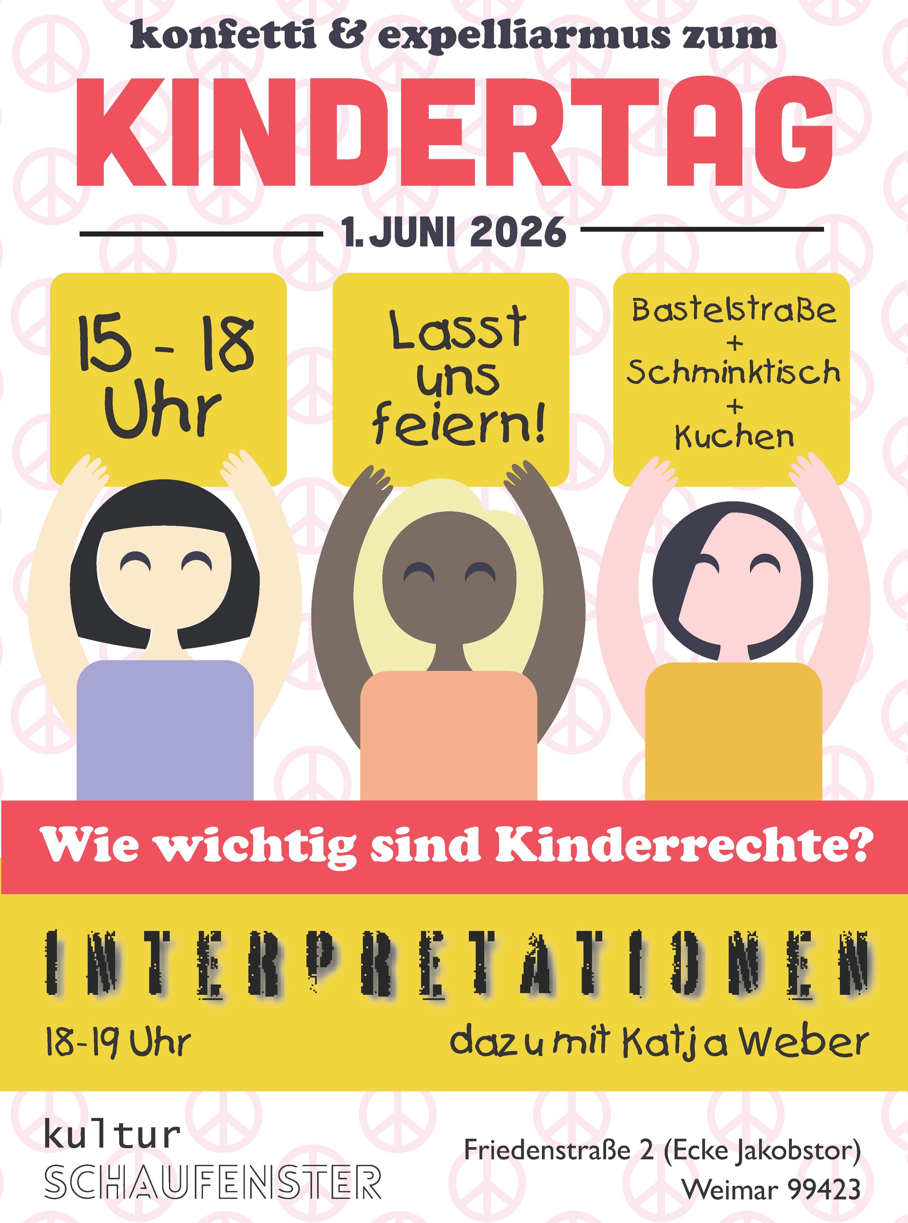 🎉 Konfetti & Expelliarmus 🎉
Zum Internationalen Kindertag laden das kulturSCHAUFENSTER, die Galerieverlag Blueprint.edition und die Initiative >Welt ohne Waffen am 1. Juni von 15–18 Uhr zu einem kleinen Straßenfest ein.
Ab 18 Uhr diskutieren wir mit der Künstlerin und Kinderrechtspreisträgerin @wumskunst über Kinderrechte, Gewalt und die Bedeutung einer friedlichen Kindheit.
Außerdem freuen wir uns über die Abgabe von Spielzeugwaffen für die Fortführung des Kunstprojekts „Expelliarmus“.