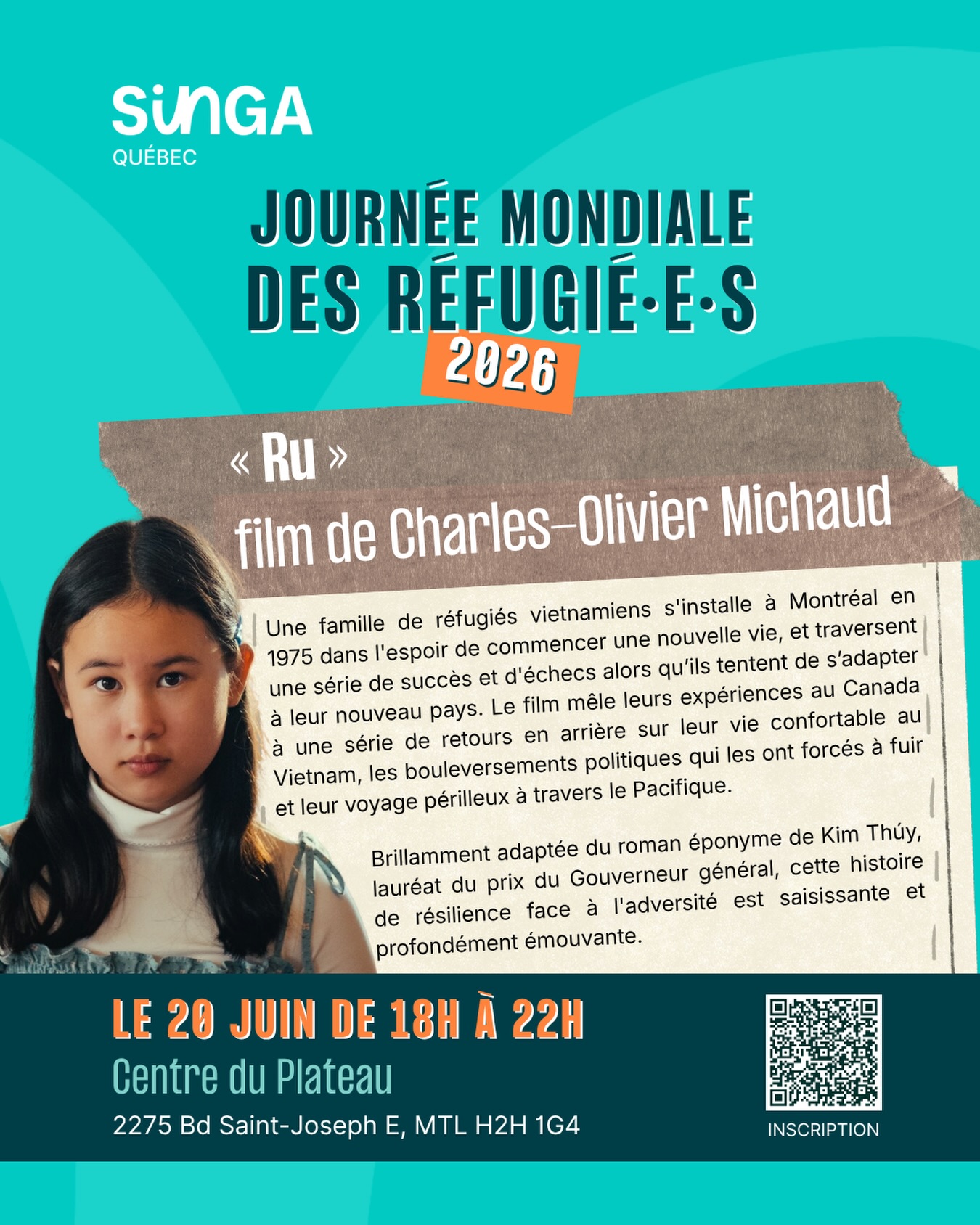 🌍 Voici un petit résumé du film qui sera projeté durant notre Journée mondiale des réfugiés ✨:
Le film Ru réalisé par Charles-Olivier Michaud d’après le roman éponyme de Kim Thúy 🎬
📝 Inscription obligatoire : lien en bio
