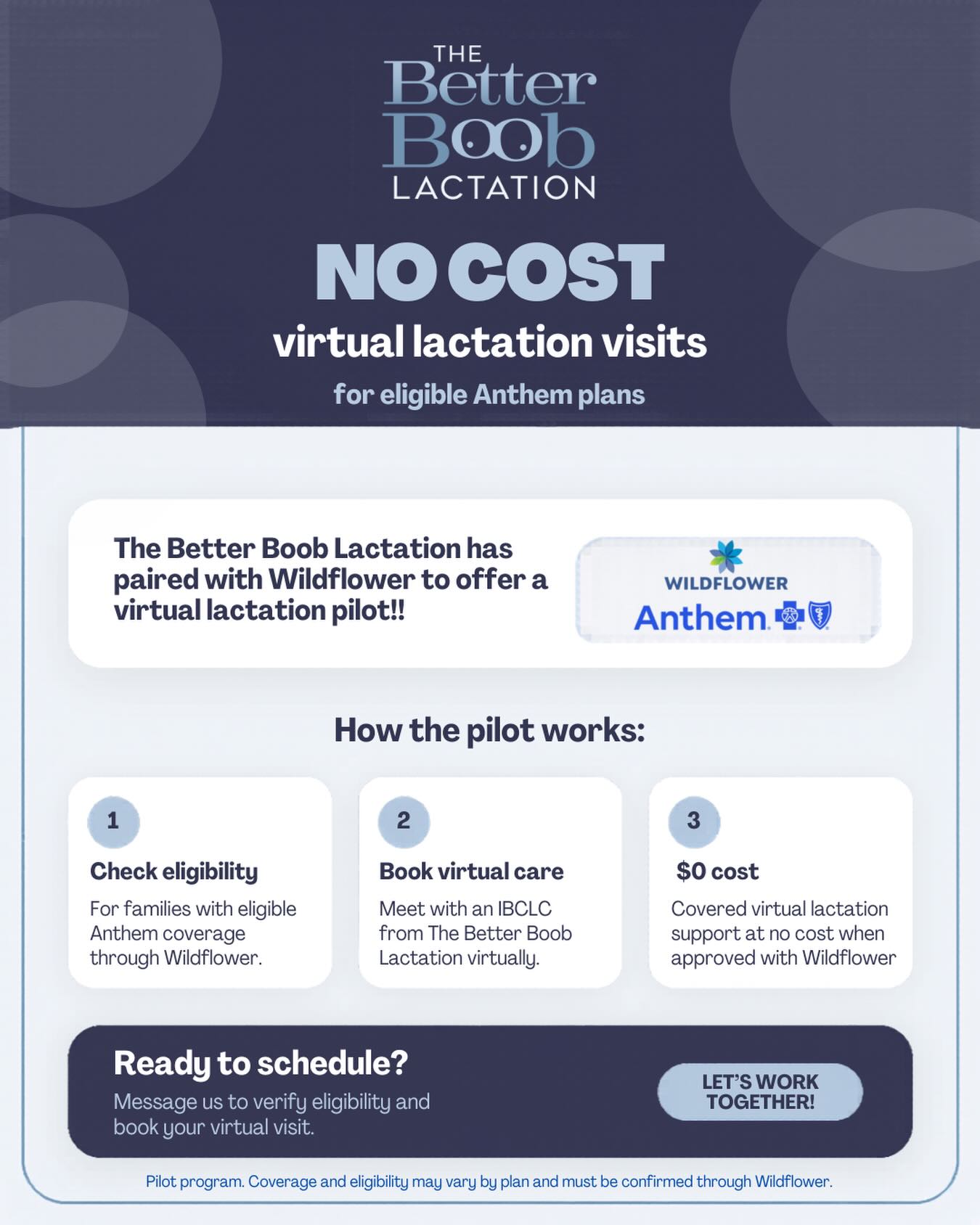 Big news for Anthem families! 💙
The Better Boob Lactation has partnered with Wildflower for a pilot program offering virtual lactation visits covered at NO COST for eligible Anthem plans.
Whether you need help with latch, pumping, milk supply, bottle refusal, returning to work, or just want support from an IBCLC, we’re here to help!
Appointments are virtual, convenient, and designed to meet you right where you are.
Send us a message or book online to learn more and see if your plan qualifies!