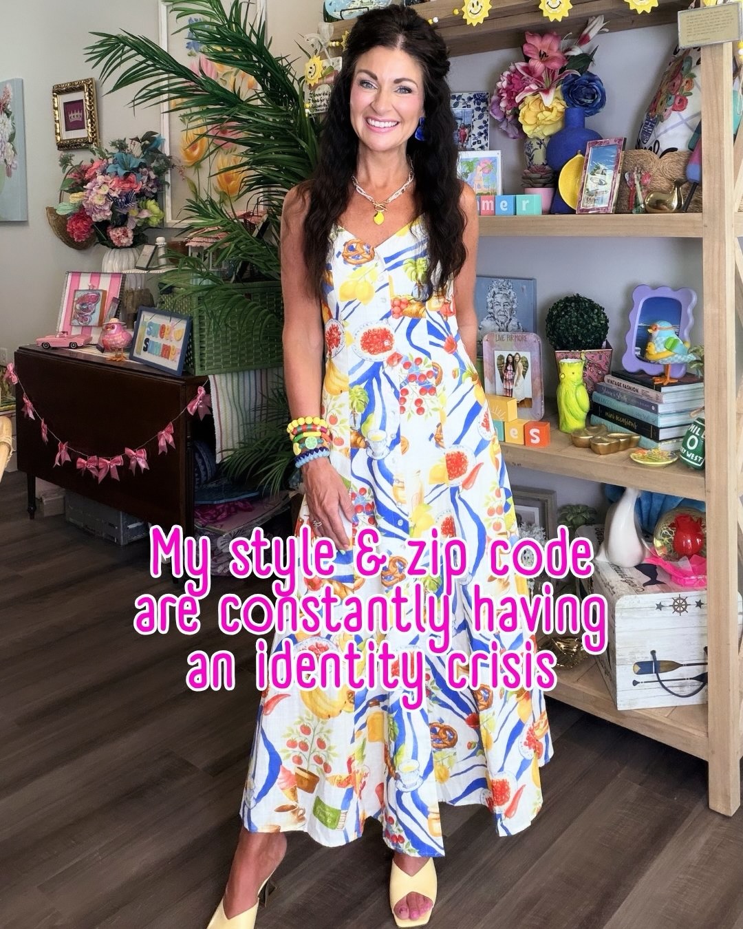 I frequently hear women say, ”I love that outfit, but I could never wear that where I live.”
And every time, I lovingly ask...Why not?
Since when did we decide that our zip code gets a vote in our self-expression.
As if we need permission from our town, our coworkers, our friends, or the people at Target to wear the thing that makes us feel most like ourselves.
Meanwhile, I regularly dress like I’m headed to lunch on the Italian Riviera when I’m actually just running errands.
Dressing for yourself is what makes it fun!
I’ve never understood why women wait for their lives to look different before allowing themselves to dress differently.
I’ve always been interested in dressing like me.
Sometimes that means looking like a peacock in a white room. 🦚
The women who feel the most alive aren’t usually asking,
“Will this fit in here?”
They’re asking,
“Does this feel like me?” And then blazing their own path.
You don’t need a vacation, a special event, or a different zip code to wear the outfit.
Dress for the life you crave.
You may be shocked by the confidence & joy that follow. 🍋🌴☀️
