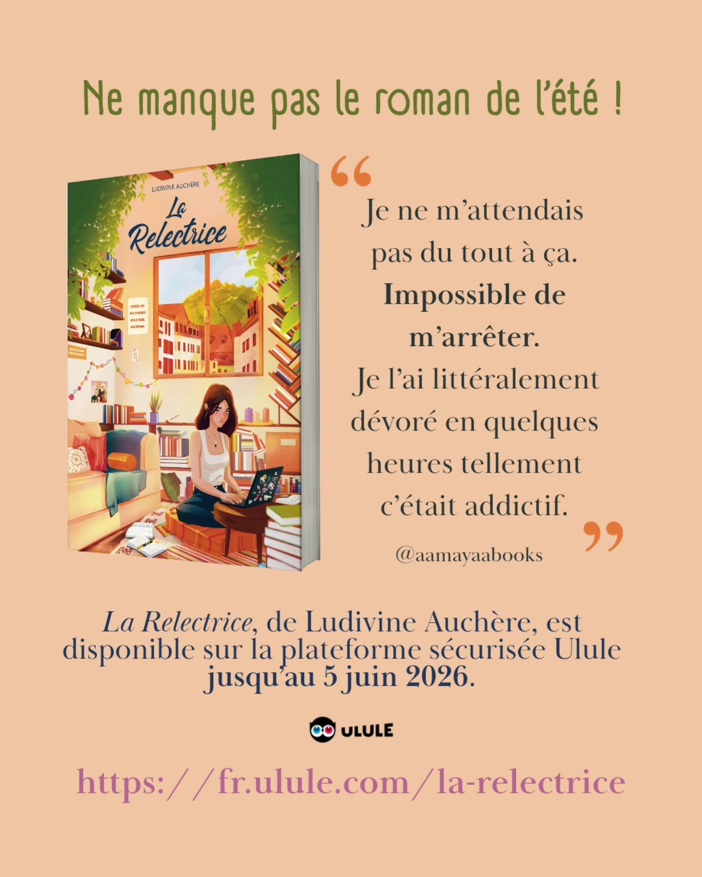 📚 Petit récap de La Relectrice 3 jours avant la fin de la campagne ⏳️
Avis de lectrices, pitch, thèmes abordés, type de lecture…
🚀 N’attends plus pour te le procurer sur Ulule (plateforme entièrement sécurisée).
Tu as jusqu’au 5 juin 2026.
🌟🌟🌟🌟🌟 Avis à retrouver en intégralité sur les comptes de @aamayaabooks et @maryline.se.livre