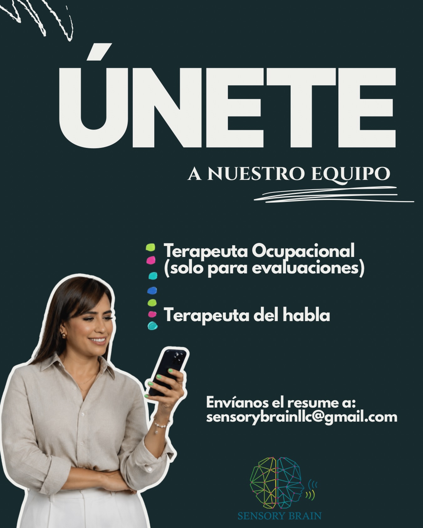 Únete a nuestro equipo 🤍🫶🏼
*Terapeuta Ocupacional
* Terapeuta del Habla
Envíanos resume a sensorybrainllc@gmail.com