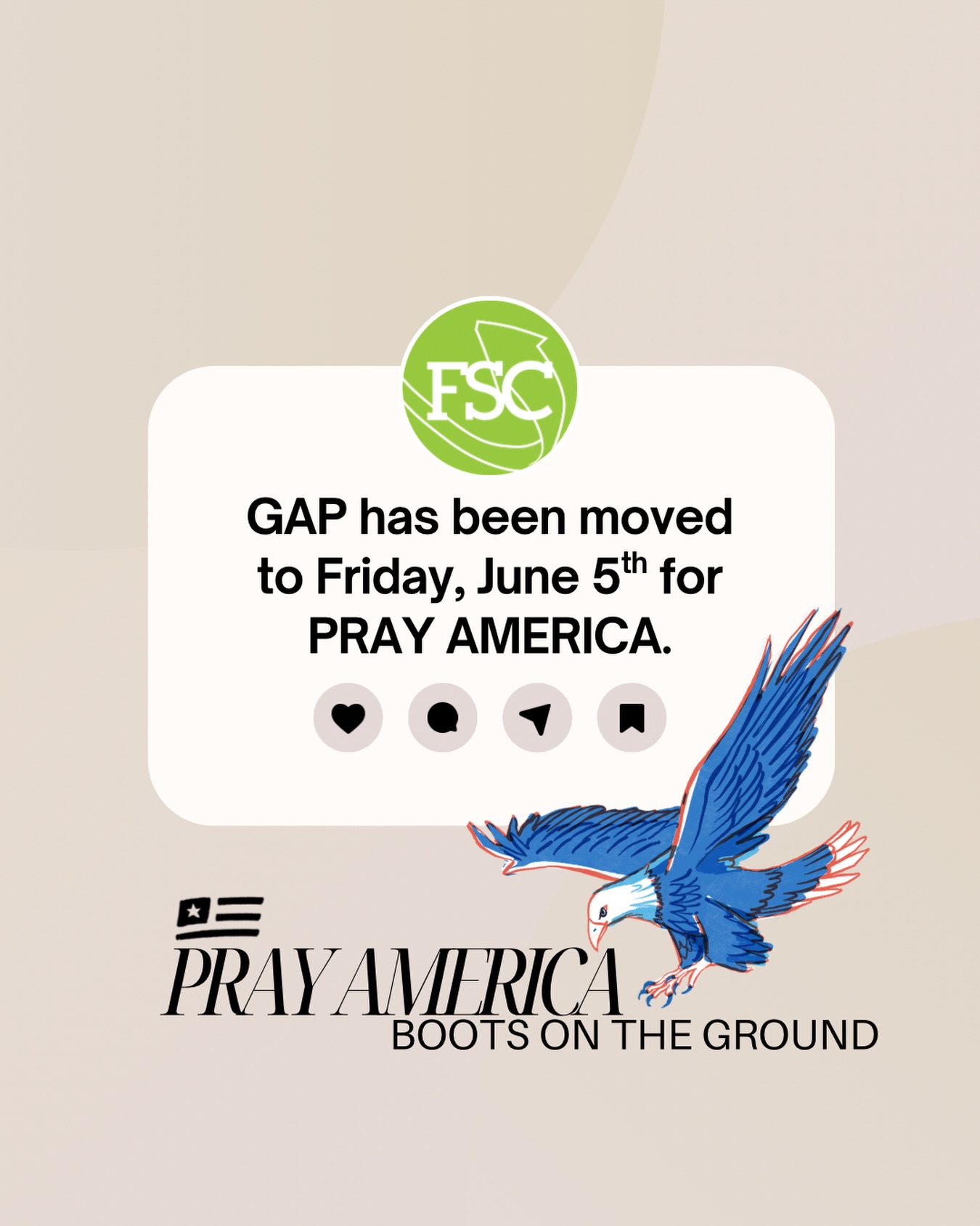 REMINDER🚨
There is NO GAP tonight, June 3rd, as Gap has been moved to this Friday night for Pray America in-house here @freshstartchurch 🔥
Don’t miss this!🙏⚔️🇺🇸
#prayamericafsc #itstimtoprayamerica #itsachurchthing #freshstartrevival