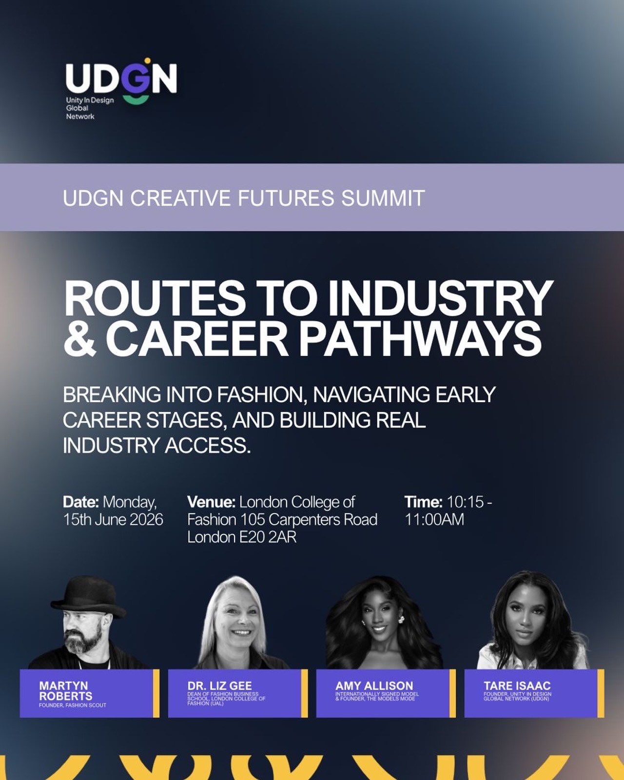 Join our Routes to Industry & Career Pathways panel and hear directly from industry leaders as they share insights on building your career, creating opportunities, and navigating the realities of the creative world.
Whether you’re a student, graduate, freelancer, or aspiring founder, this is your chance to gain real industry knowledge and make valuable connections.
15 June 2026
London College of Fashion
Secure your ticket before it’s too late. General access tickets are FREE for a limited time — link in bio.
#UDGNSummit #CreativeCareers #FashionIndustry #CareerPathways #FutureCreatives