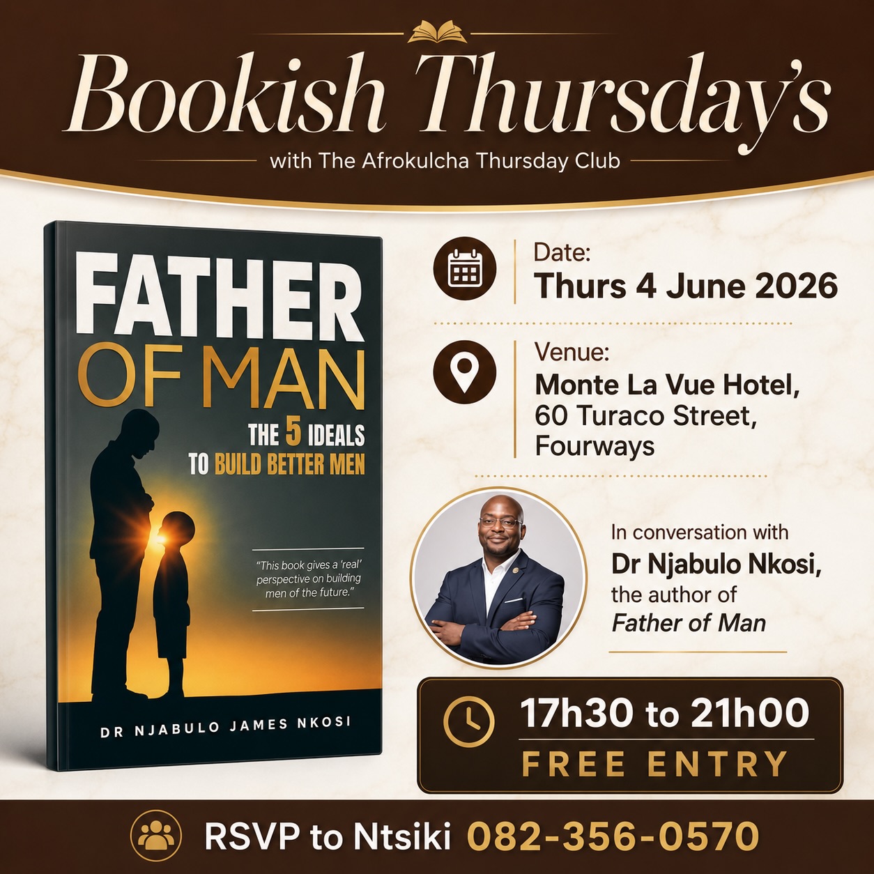 A better man is not born.
He is built.
There are conversations men avoid.
The conversation about pain.
The conversation about fathers.
The conversation about responsibility.
The conversation about the boy inside the man.
The conversation about what it really means to build a better man.
Father of Man was written for that conversation.
It is a manifesto.
A mirror.
A map.
For men who are ready to face themselves.
For women raising boys.
For fathers who want to lead better.
For sons still healing.
For families that believe legacy must be built with intention.
I will be in conversation at Bookish Thursdays with The Afrokulcha Thursday Club.
Date: Thurs 4 June 2026
Venue: Monte La Vue Hotel, 60 Turaco Street, Fourways
Time: 17h30 to 21h00
Entry: Free
RSVP: Ntsiki 082-356-0570
Come through.
Bring someone who needs this conversation.
#FatherOfMan #BookishThursdays #BetterMen #Fatherhood #Masculinity MenOfPurpose BookstagramSA SouthAfricanAuthor NjabuloJamesNkosi