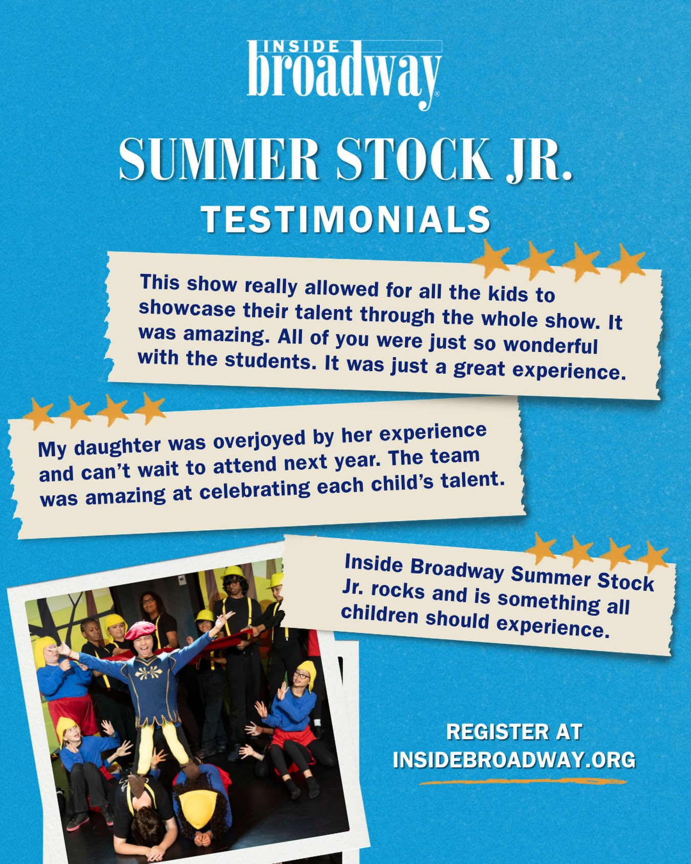 Some more reviews from happy Summer Stock Jr. families. 🌟
There are still a few spots left in our Beetlejuice Jr. show (ages 12-18). Register today at insidebroadway.org/summer-stock-junior or at the link in our bio! 🎭
#summercamp #theatrecamp #broadway #theater #youththeatre