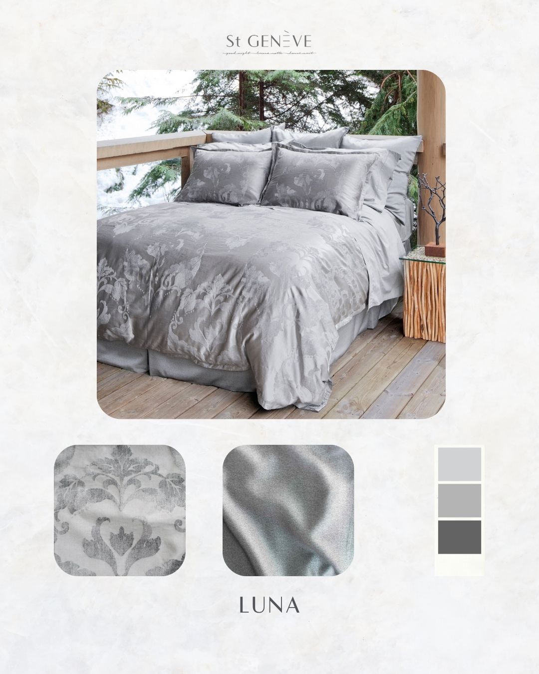 LUNA | SILK-CASHMERE JACQUARD
Alone, silk is soft and light, but adding cashmere to the mix just heightens the luxury experience.
68% Silk / 32% Cashmere
Fabric from Italy
Sewn in Canada
stgeneve.com/product-page/luna-silk-cashmere-jacquard
#castlecore #castlecoredecor #castlecoreaestheticbedroom #modernvintage #ModernTraditional #Maximillist #GrandmillennialBedroom #royalcore #Maximalism #Romanticiseyourlife
