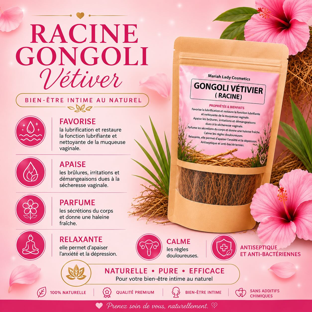 ✨🌿 RACINE GONGOLI VÉTIVIER 🌿✨
Découvrez les bienfaits de la racine Gongoli Vétivier, un trésor naturel reconnu pour le bien-être intime féminin. 💖
🌸 Favorise la lubrification naturelle et aide à restaurer la fonction protectrice de la muqueuse vaginale.
🌸 Apaise les brûlures, irritations et démangeaisons liées à la sécheresse vaginale.
🌸 Aide à parfumer naturellement les sécrétions corporelles et favorise une sensation de fraîcheur.
🌸 Contribue à soulager les règles douloureuses.
🌸 Ses propriétés relaxantes peuvent aider à réduire le stress et favoriser la détente.
🌸 Possède des propriétés antiseptiques et antibactériennes reconnues.
💗 Prenez soin de votre bien-être intime naturellement avec la qualité Mariah Lady Cosmetics.
📩 Disponible dès maintenant. Contactez-nous en message privé pour commander.