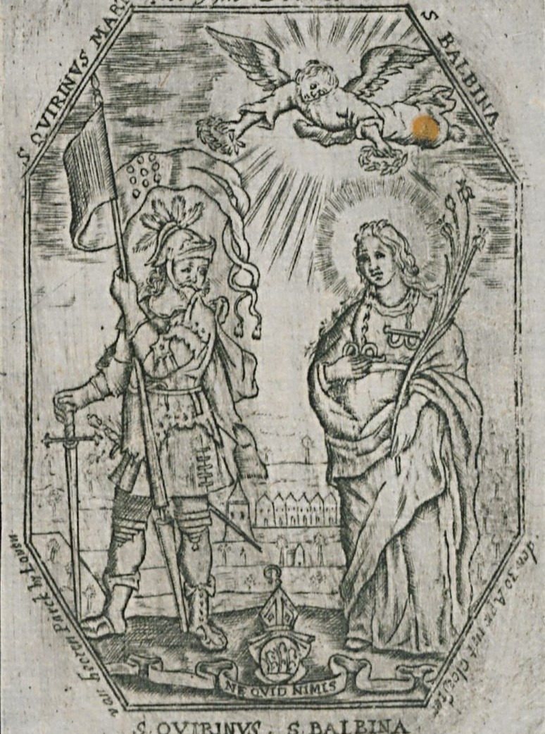 Balbina von Rom
Band LI (2027) Spalten in Vorbereitung
Online abrufbar
Autor: Johanna A. Jürgens
BALBINA von ROM, Heilige, †130. Balbinas Leben ist nur legendarisch überliefert. Sie war die Tochter eines Tribuns Quirinius, der der Tradition zufolge unter Kaiser Hadrian (BBKL II, Sp. 423-424) das Martyrium erlitt. B. lebte und starb in Rom, traditionell wurde das Jahr 130 als Todesjahr angesehen.
https://www.bbkl.de/index.php/frontend/lexicon/B/Ba/balbinavonromheilige-88711
Bild. Quirinus mit seiner Tochter Balbina. Druck aus dem 18. Jahrhundert
