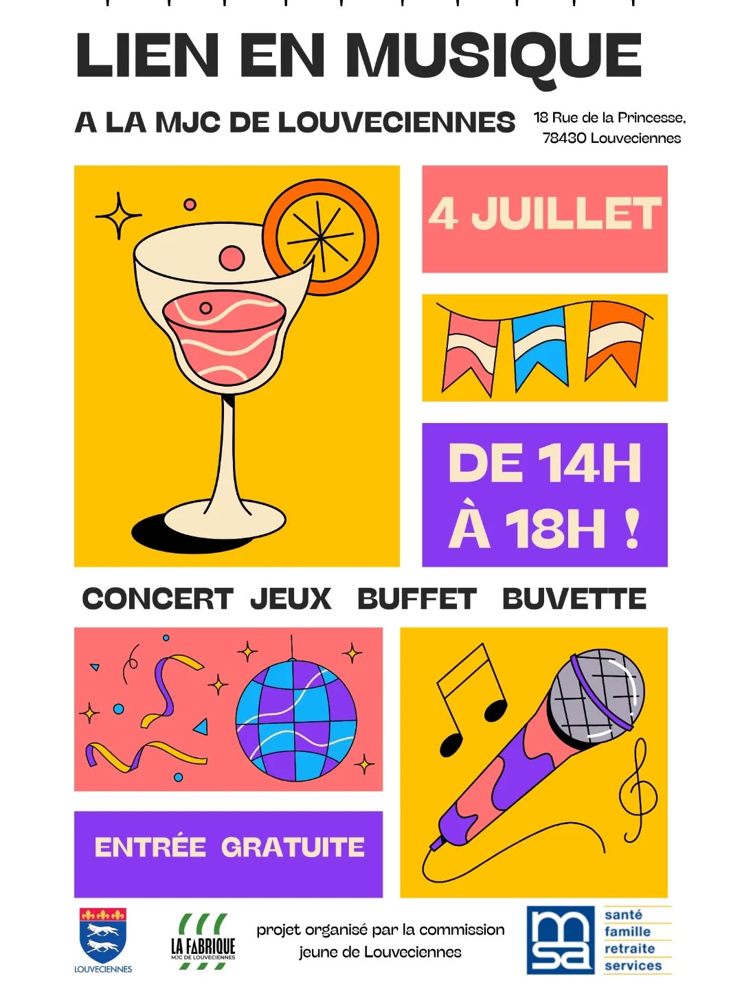 Nous vous présentons notre concert "lien en musique" qui se déroulera à la mjc de Louveciennes le 4 juillet entre 14h et 18h. Nous espérons que celà permettra de tisser des liens entre jeunes de la ville et des alentours. Venez nombreux !!! 🎉✨☀️
(Événements gratuits)