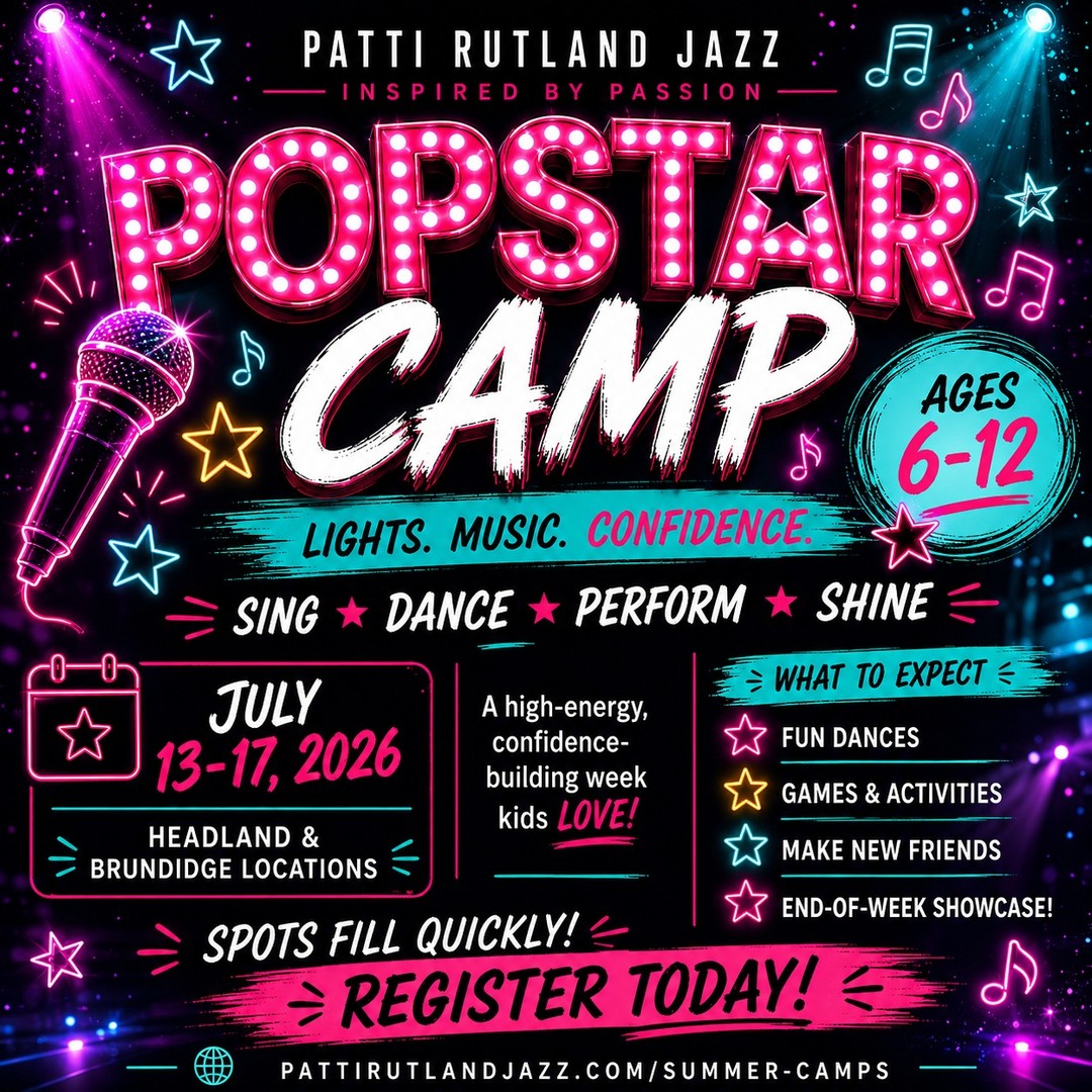 Popstar Camp is almost here, and we are so excited for a week full of dancing, music, creativity, and fun.
This camp is perfect for dancers who love performing, learning exciting choreography, dressing like a popstar, and making unforgettable memories with friends.
July 13–17, 2026
Headland & Brundidge Locations
Register by clicking the link in our bio!
#pattirutlandjazz #prj4ever #PopstarCamp #DanceCamp #SummerFun #KidsActivities