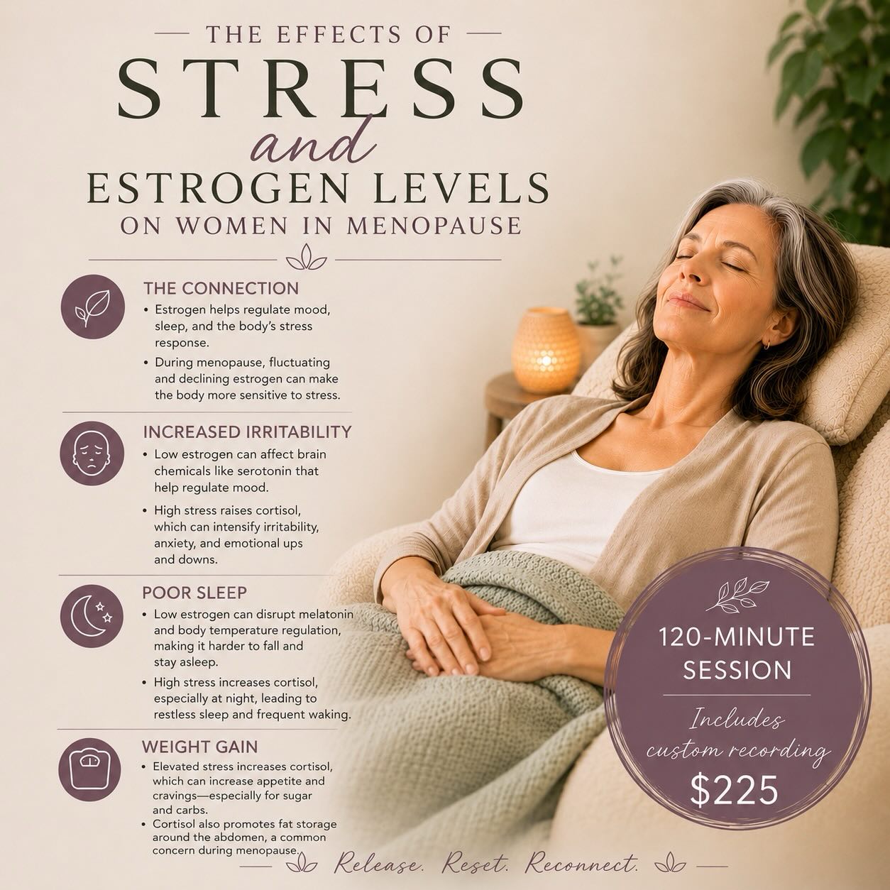 Perimenopause (can start as early as your later thirties) and Menopause is a hot topic 🔥 these days and rightly so! Looking at your hormones with someone who truly understands Menopause is important, and so is managing your stress levels and quality of sleep 🛌 💤 This session is especially curated to support you through this transitional phase of your life so we can all thrive together 👯♀️✨💛
*Available in-person or via Zoom
