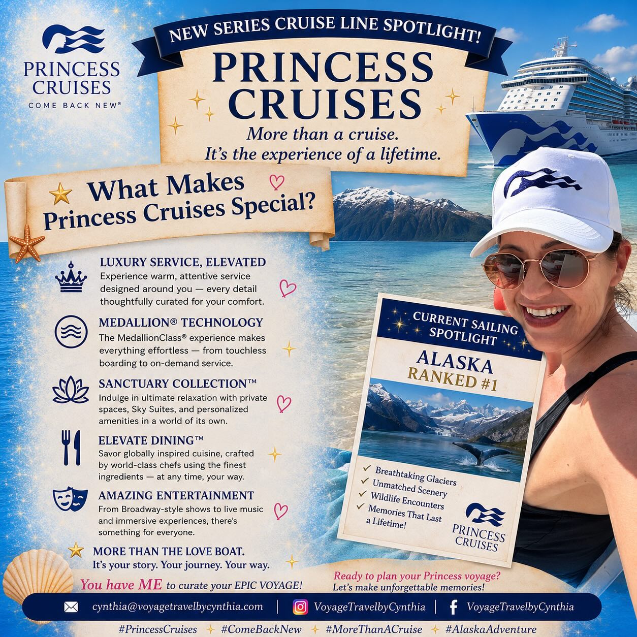 Why is Princess Cruises my favorite cruise line?
If you’re looking to elevate your vacation, Princess Cruises delivers an experience that is truly in a class of its own.
The Princess Sanctuary Collection offers the ultimate in luxury and relaxation, with exclusive spaces, premium amenities, personalized service, and the perfect atmosphere to unwind and be pampered at sea. It’s the ideal choice for travelers who want something extra special without sacrificing the incredible destinations and experiences Princess is known for.
From world-class dining and entertainment to breathtaking itineraries and exceptional service, Princess makes every voyage feel effortless and memorable.
My first sailing on Princess was in 2018 from Sydney, Australia to experience snorkeling in the Great Barrier Reef! I have also sailed every year with Princess the last four years to Alaska, Europe, New England and the Caribbean. I have even sailed on their two newest ships: Sun Princess and Star Princess.
As a cruise specialist and Princess Cruises expert, I can help you find the perfect ship, itinerary, and accommodations to match your travel style and budget.
Ready to treat yourself to an elevated cruise experience? I’d love to help you plan your next Princess vacation!
Message me today to start planning.
#PrincessCruises #LovePrincess #SanctuaryCollection #LoveBoat