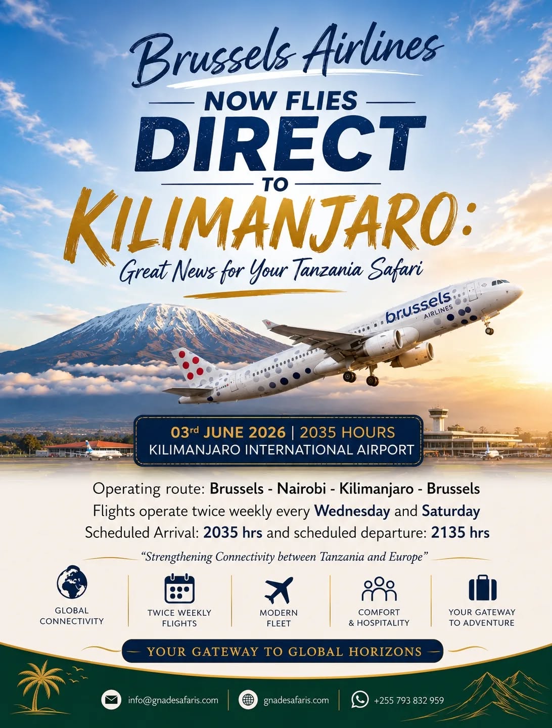 ✈️ Europe Just Got Closer to Tanzania's Wildlife Wonders! 🦁🌍
Exciting news for safari travelers!
Brussels Airlines now flies directly to Kilimanjaro International Airport, making it easier than ever for visitors from Belgium and across Europe to begin their dream Tanzania safari.
With twice-weekly flights and fares starting from just €519 return, reaching the Serengeti, Ngorongoro Crater, Tarangire, and Lake Manyara has never been more convenient.
✅ Direct access to Tanzania's Northern Safari Circuit
✅ Less travel time, more safari time
✅ Easy connections from across Europe
✅ Perfect for Serengeti, Ngorongoro & Zanzibar adventures
✅ Arrive at Kilimanjaro and start your safari the next day
At Gnade Safaris, we'll be ready to welcome you at Kilimanjaro Airport and take you straight into the heart of Africa's most spectacular wildlife destinations.
📍 Read the full story: https://www.gnadesafaris.com/post/brussels-airlines-now-flies-direct-to-kilimanjaro
📧 info@gnadesafaris.com
📱 WhatsApp: +255793832959
#BrusselsAirlines #KilimanjaroAirport #TanzaniaSafari #SerengetiSafari #gnadesafaris