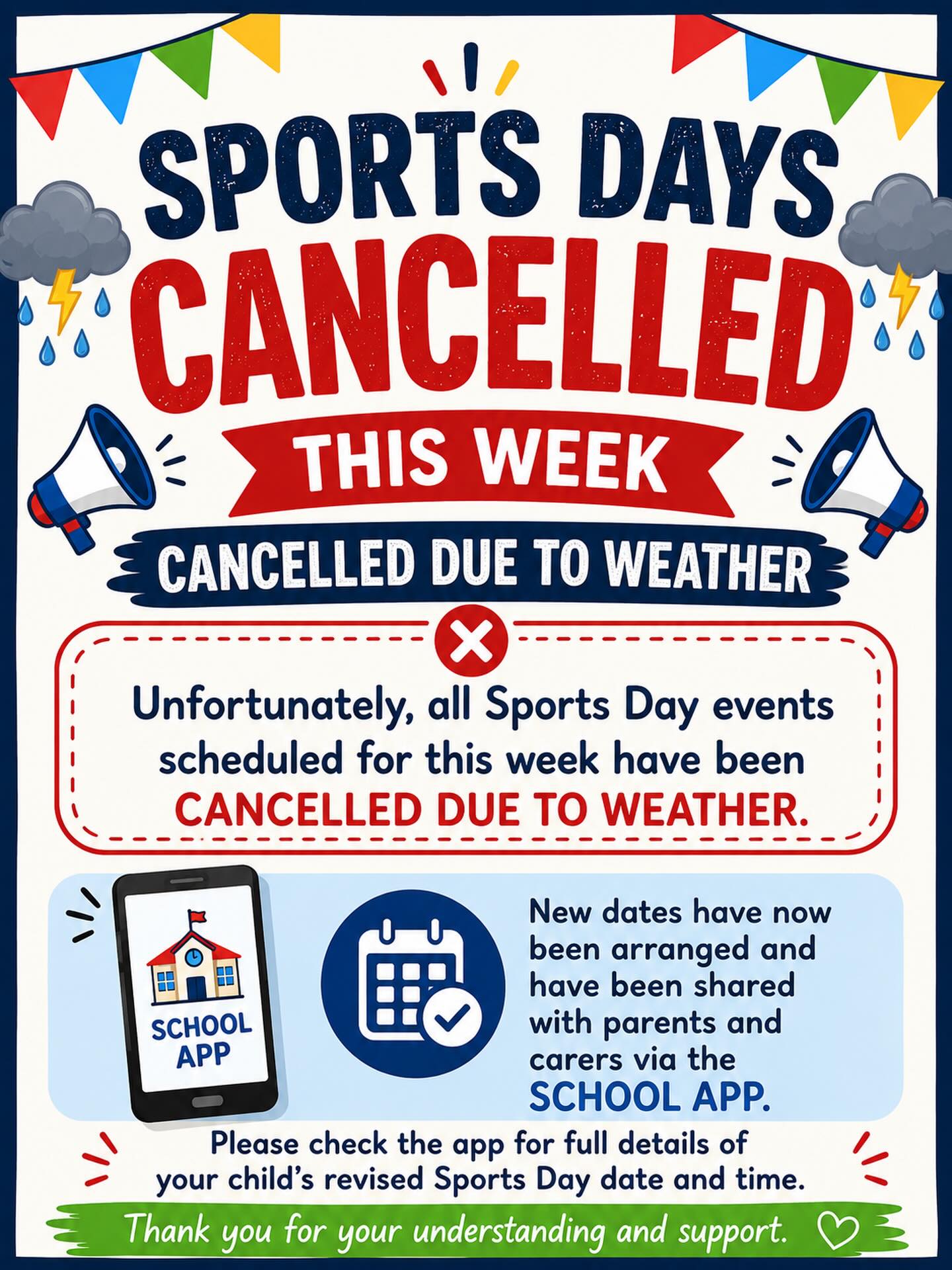 Please check the school app for new dates! #sportsday #rainraingoaway