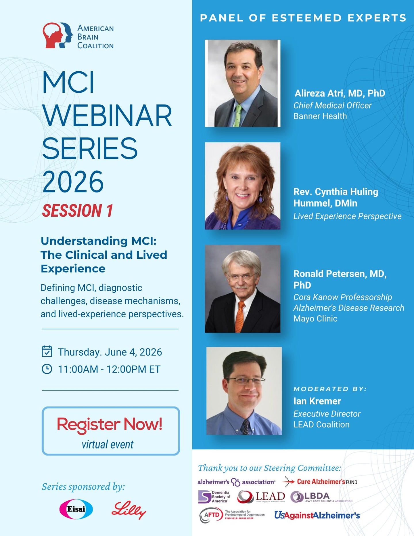 🧠 MCI Webinar Series – Session 1
📅 June 4
Understanding MCI: The Clinical & Lived Experiences
Join ABC for a powerful conversation bringing together clinical insight and lived experience to deepen understanding of Mild Cognitive Impairment. Learn more/register #LinkinBio
#BrainHealth #CognitiveHealth #MCIWebinar #ABCProud
@elilillyco @theaftd @curealzheimers @dementiaorg @usagainstalz @lewybodydementiaassociation @alzassociation